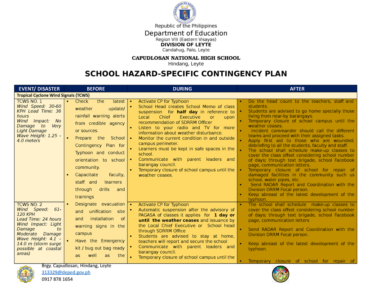 A Sample Of Contingency Plan For Public School In The Philippines 