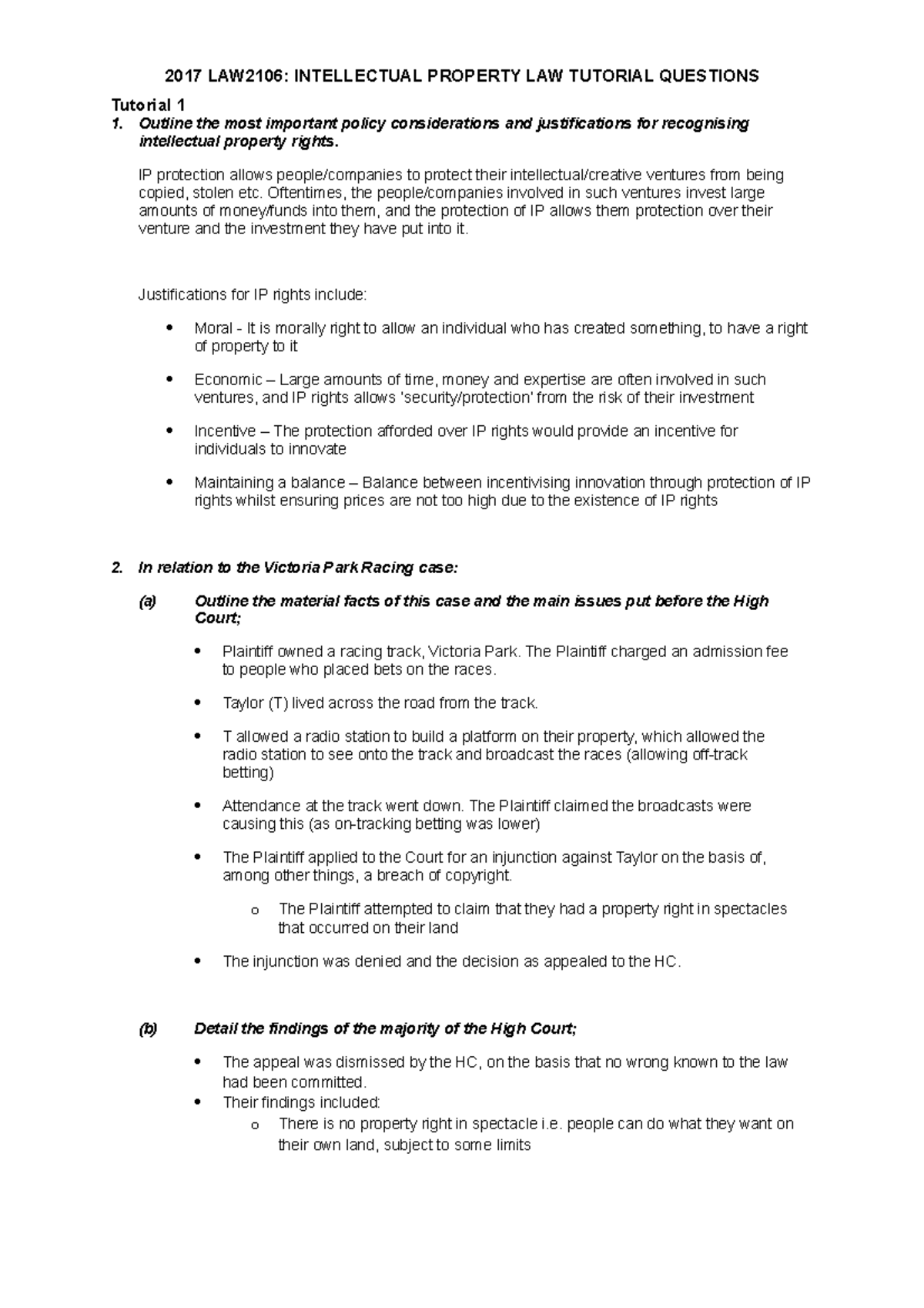LAW2106 Tutorial Questions & Answers 2017 LAW2106 INTELLECTUAL
