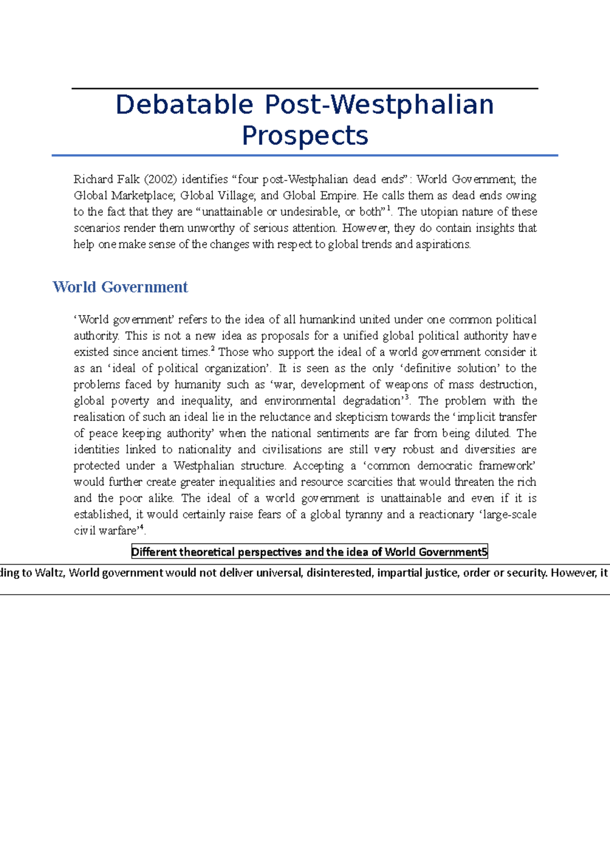 Debatable PostWestphalian Prospects rding to Waltz, World government