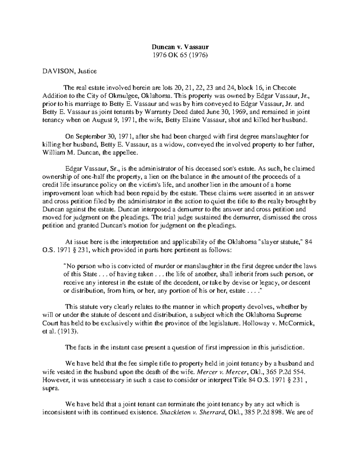 Duncan v Vassaur Reading Example Duncan v. Vassaur 1976 OK 65 (1976