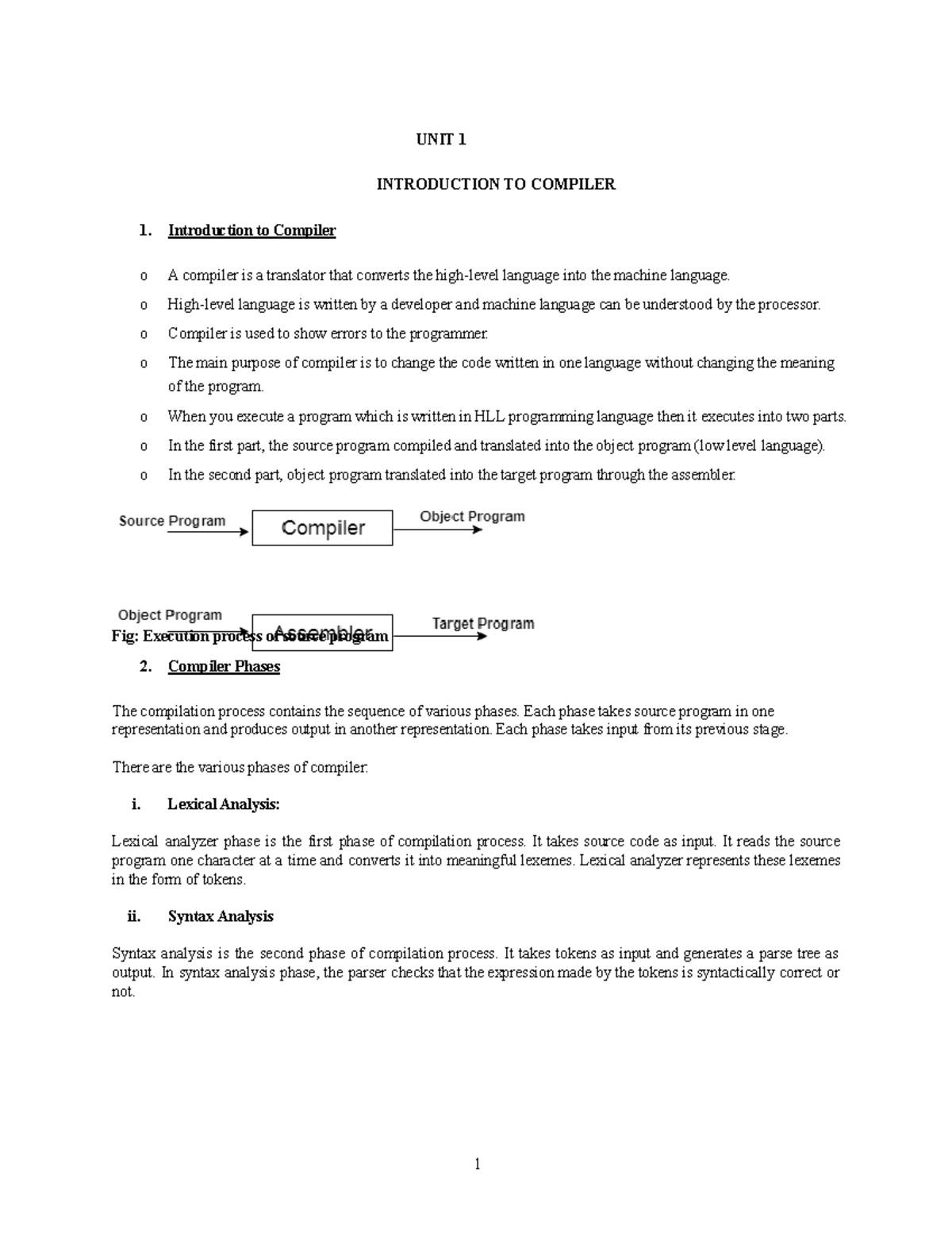 16.CD Notes - UNIT 1 INTRODUCTION TO COMPILER Introduction to Compiler ...