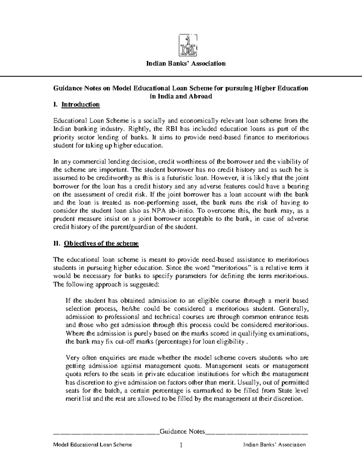 Guidance Notes on Model Educational Loan Scheme for pursuing Higher
