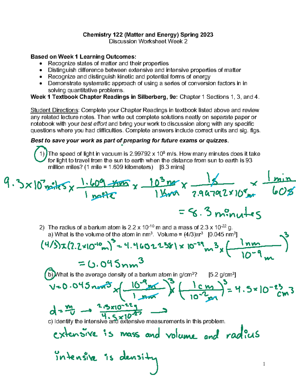 Dis Wk 2Sp23 Discussion section work 1 Chemistry 122 (Matter and