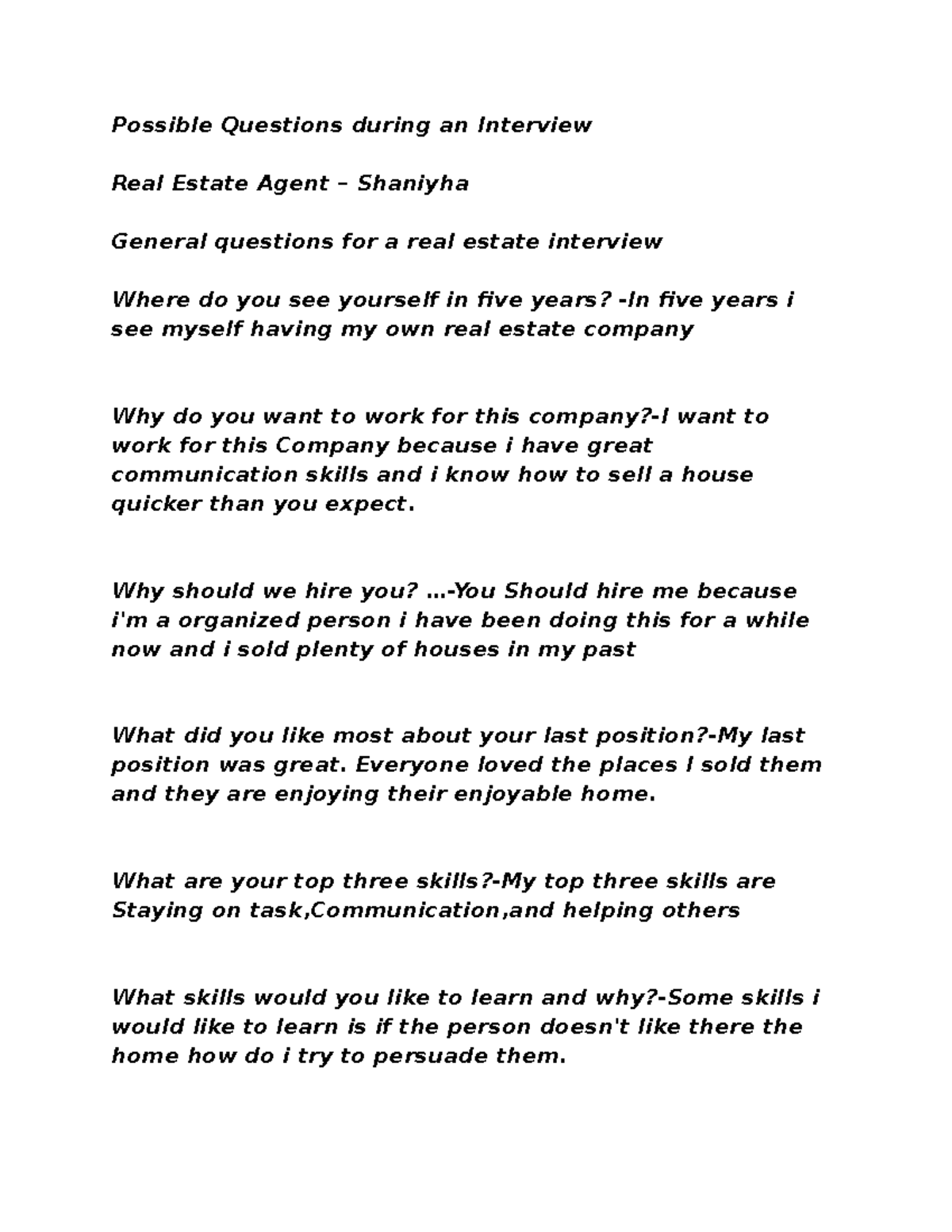  Possible Questions from an Interviewer Possible Questions during an