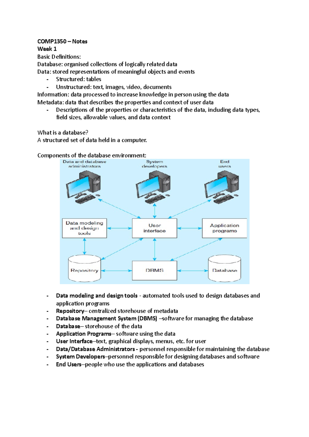 COMP1350 - Notes - COMP1350 – Notes Week 1 Basic Deiniions: Database ...