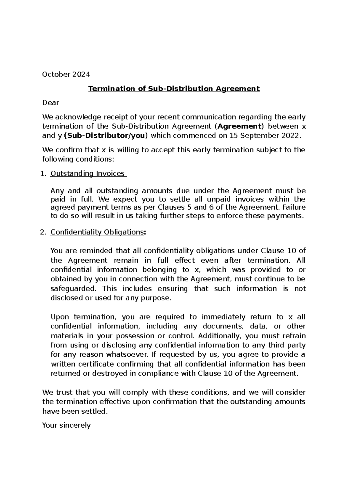 Termination Letter - October 2024 Termination of Sub-Distribution ...