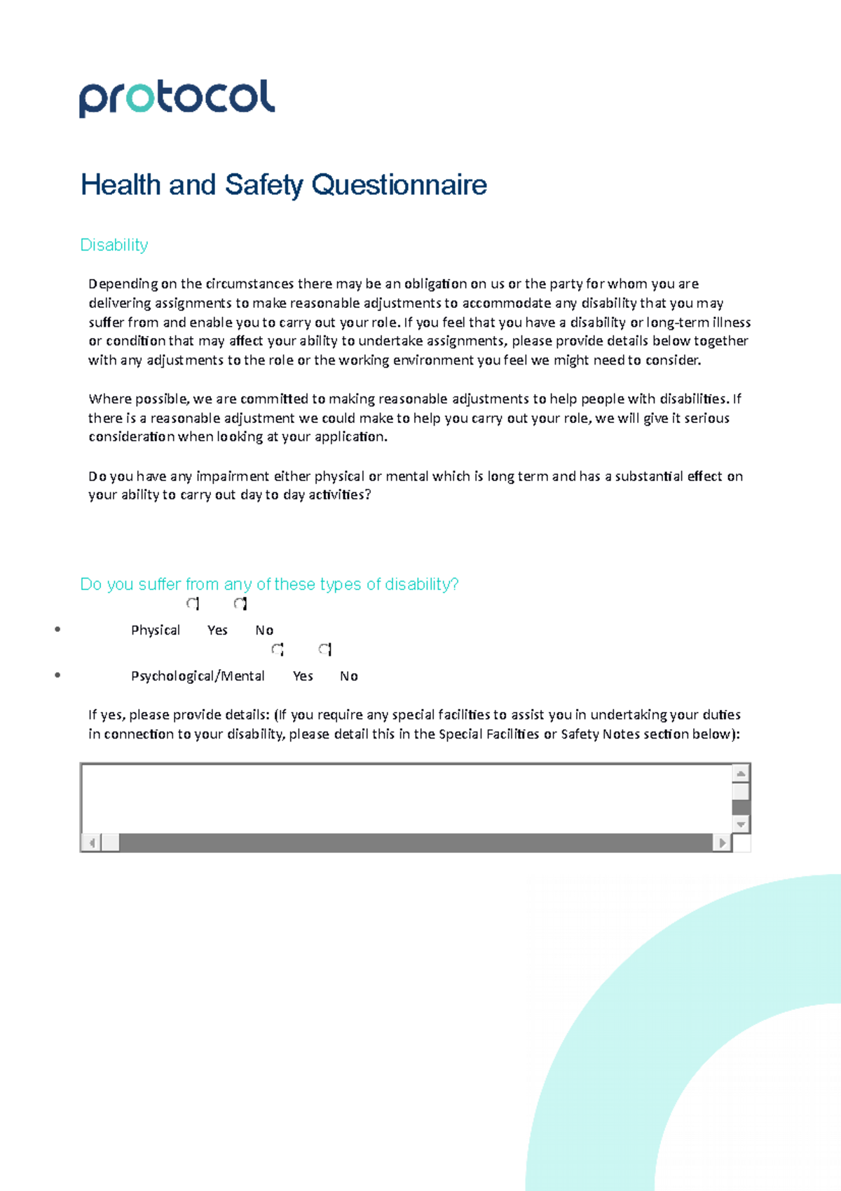 Health and Safety Questionairre Health and Safety Questionnaire