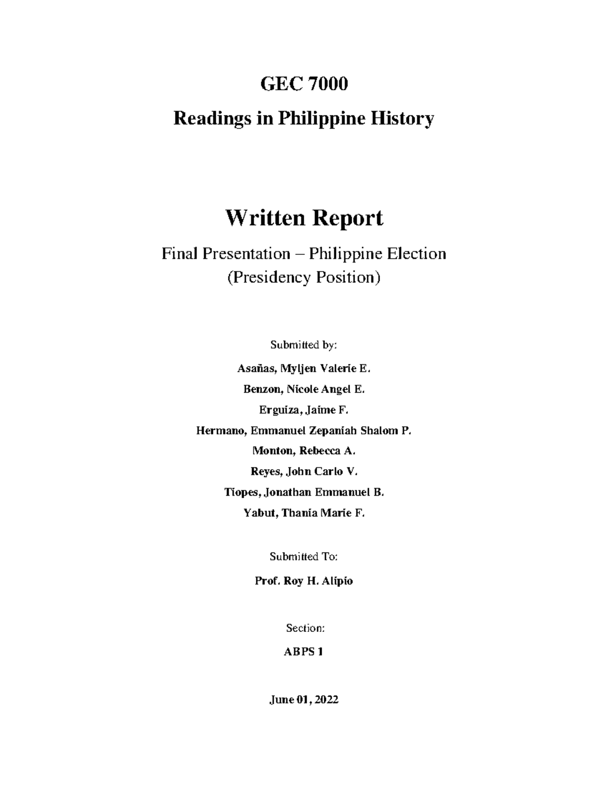 The Philippine Election and its History - GEC 7000 Readings in ...