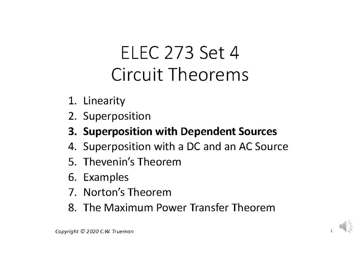 4 3 Dependent Sources - Chapter 4 - ELEC 273 Set 4 Circuit Theorems 1 ...