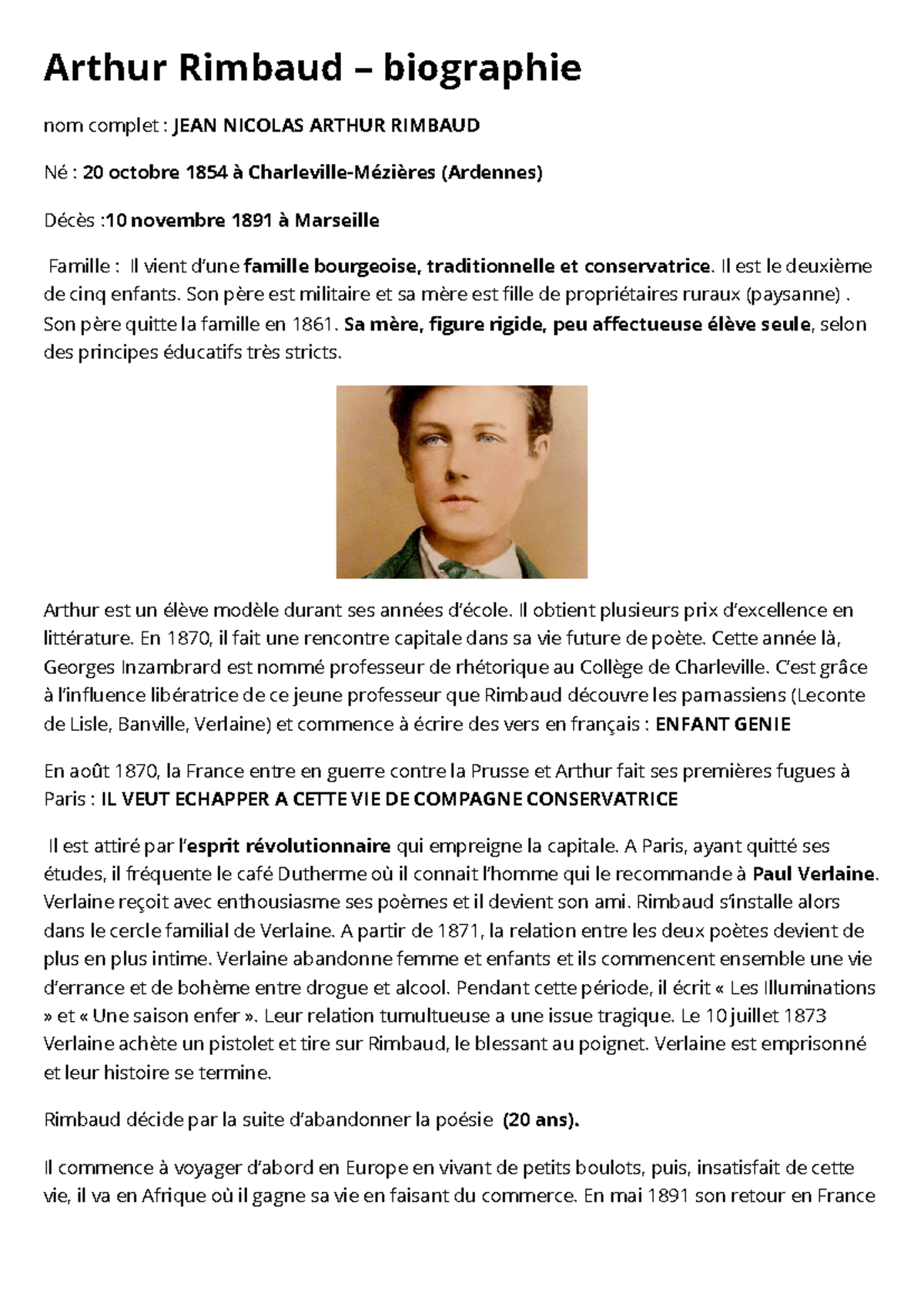 Rimbaud– biographie - Arthur Rimbaud – biographie nom complet : JEAN ...
