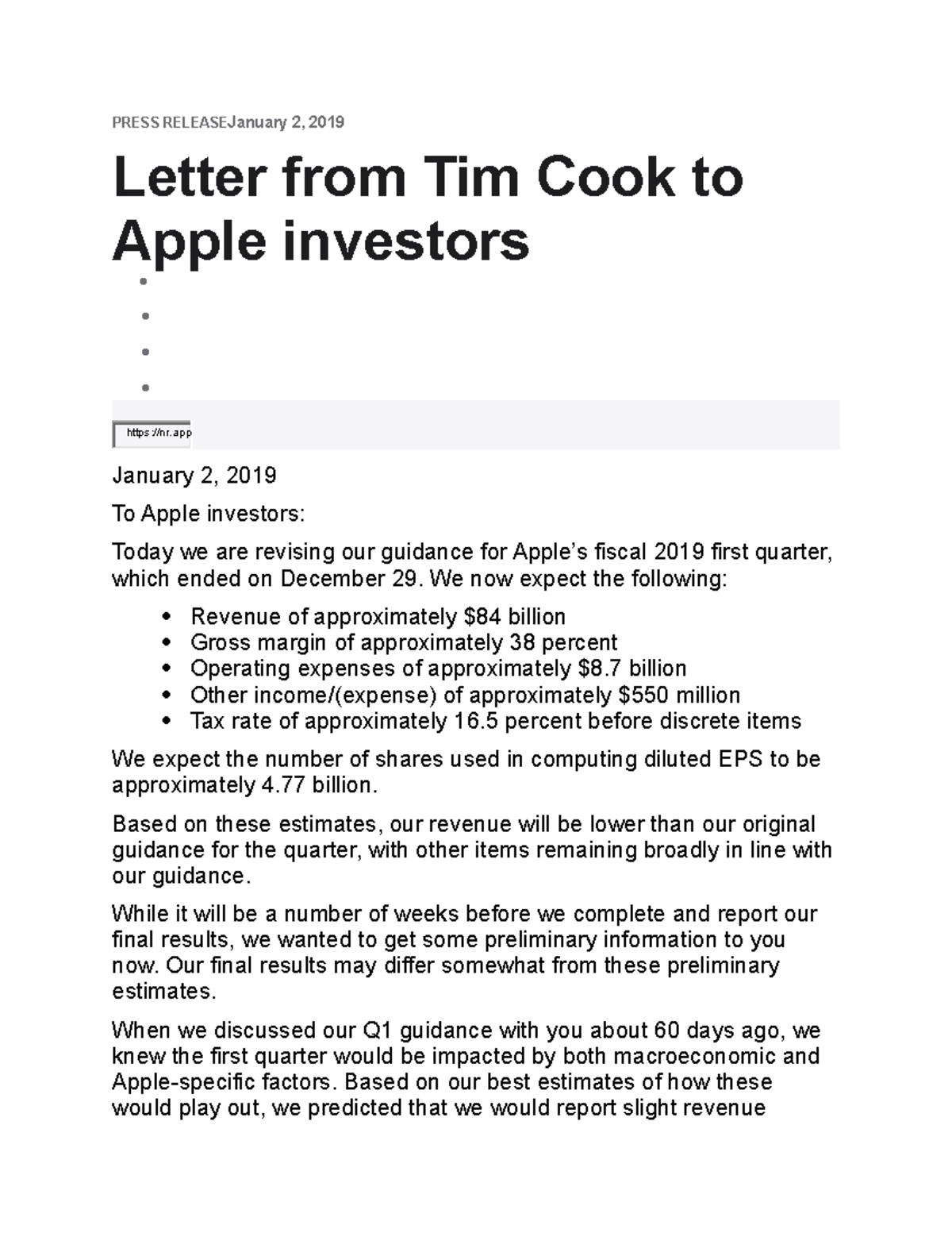 Letter to shareholder paper PRESS RELEASEJanuary 2, 2019 Letter