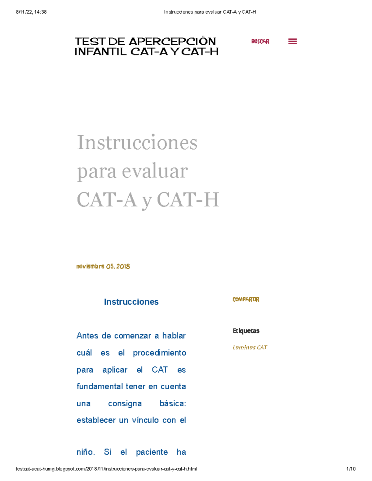 Instrucciones para evaluar CATA y CATH T EST DE APERCEPCIÓN INFANT