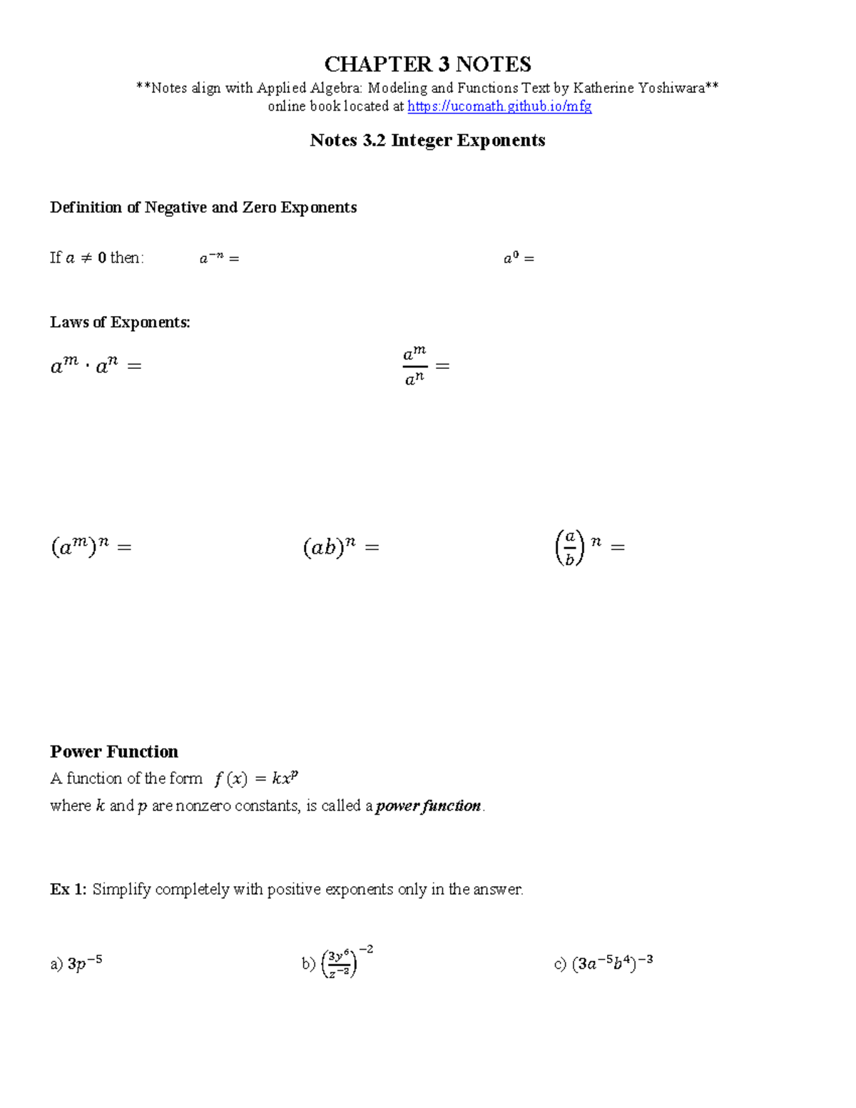 Chapter 3 Notes - CHAPTER 3 NOTES Notes align with Applied Algebra ...
