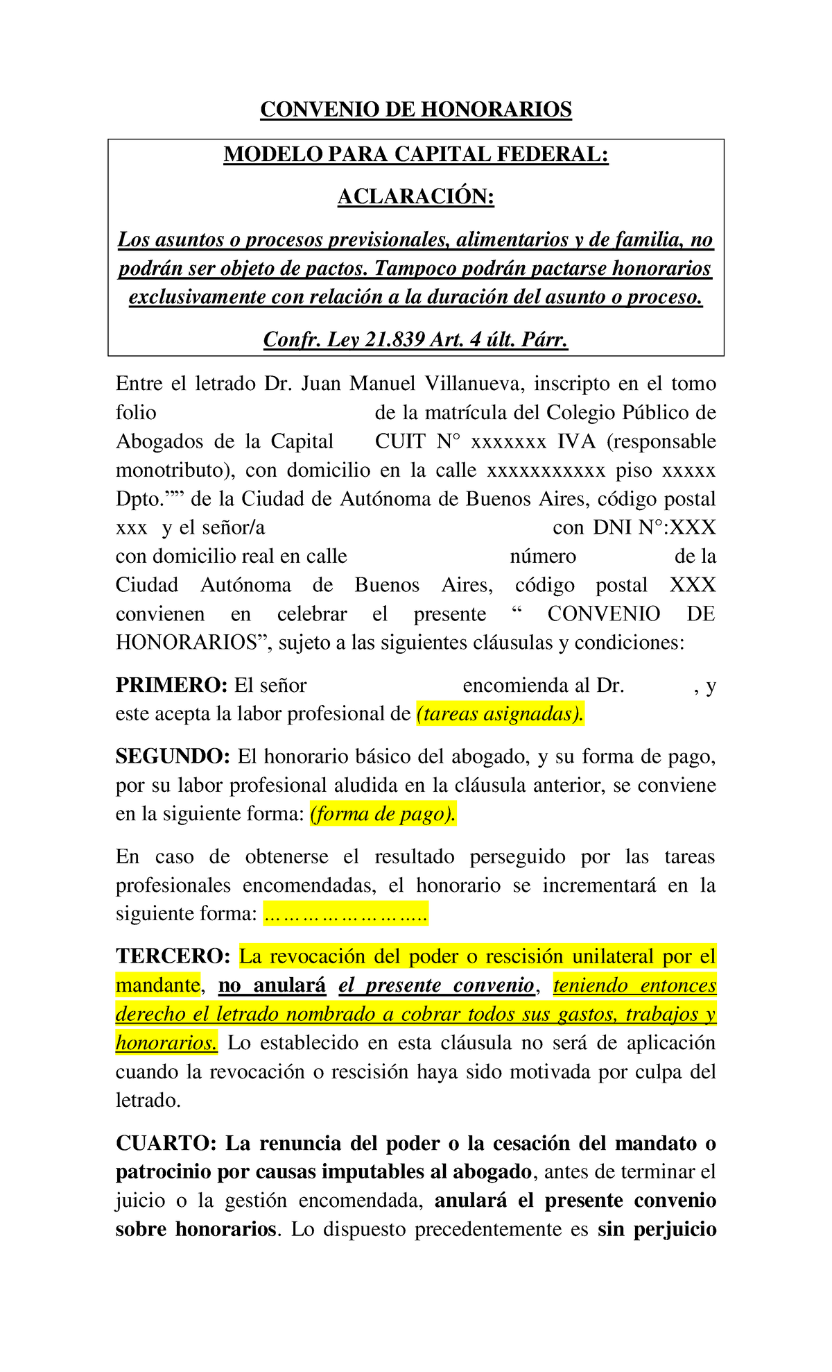 Convenio De Honorarios Cap Convenio De Honorarios Modelo Para Capital Federal AclaraciÓn Los 8630