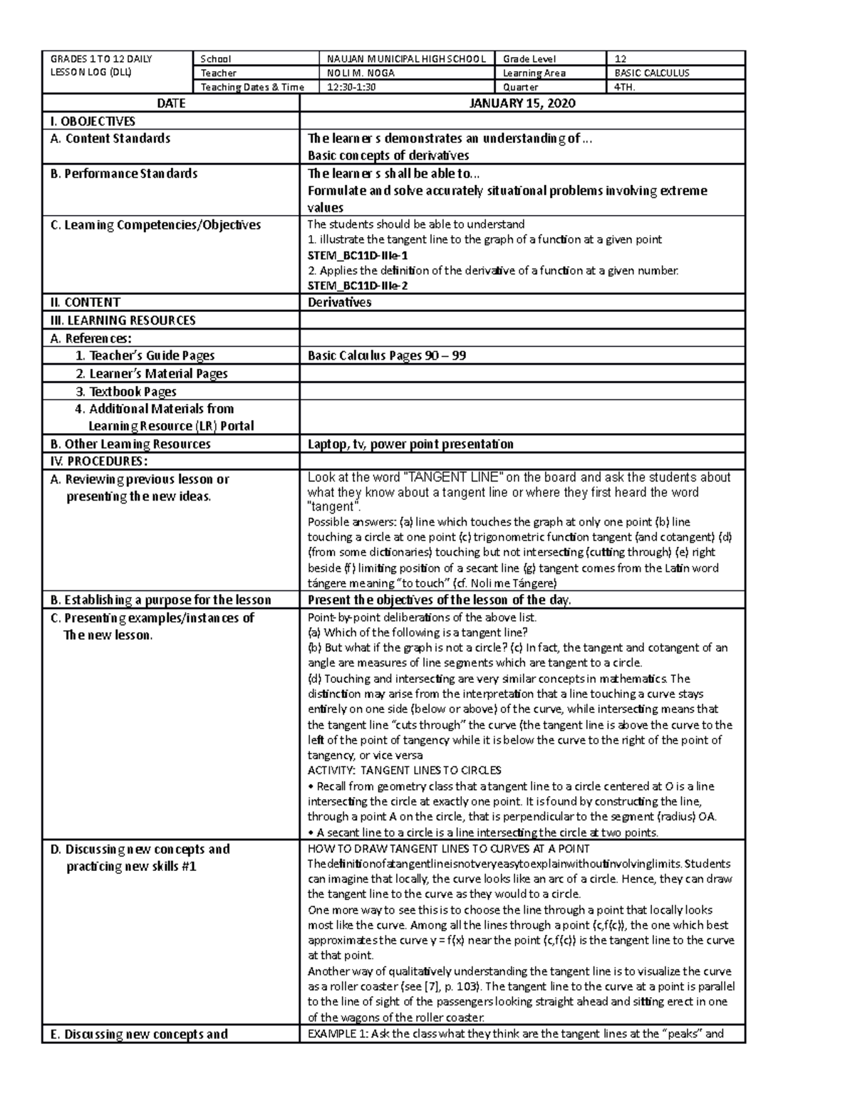 Tangent line - BASIC CALCULUS - GRADES 1 TO 12 DAILY LESSON LOG (DLL ...