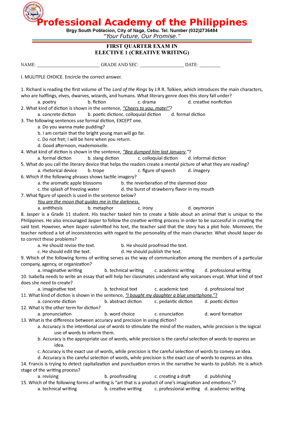 grade 11 creative writing quarter 1 module 1 answer key