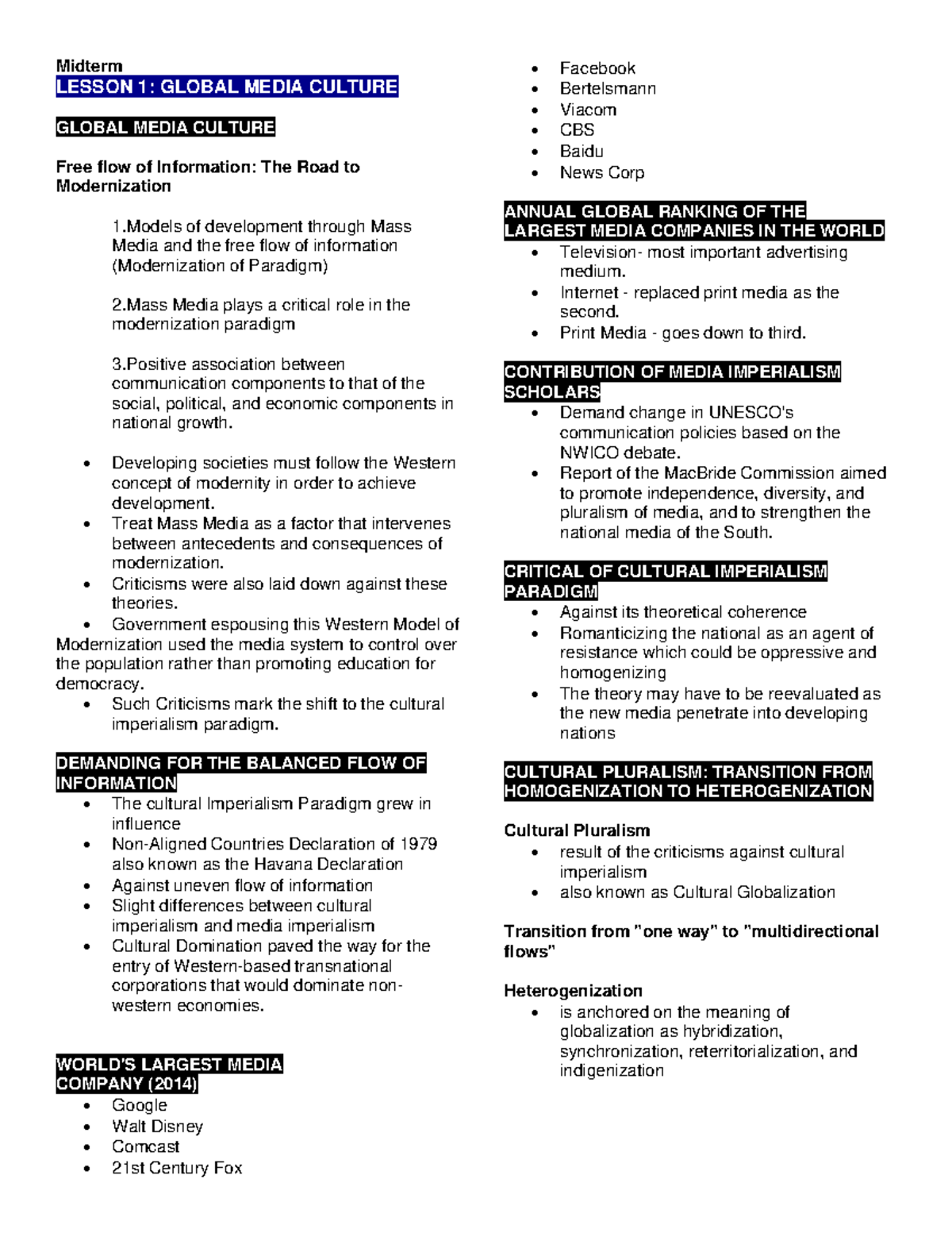 The Contemporary World Midterm Summary La Salle Dasma Studocu