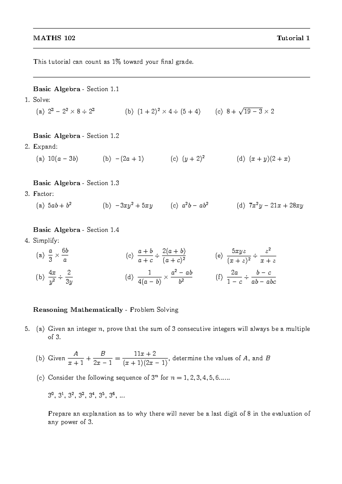 Tutorial 1Summer - MATHS 102 Tutorial 1 This tutorial can count as 1% ...