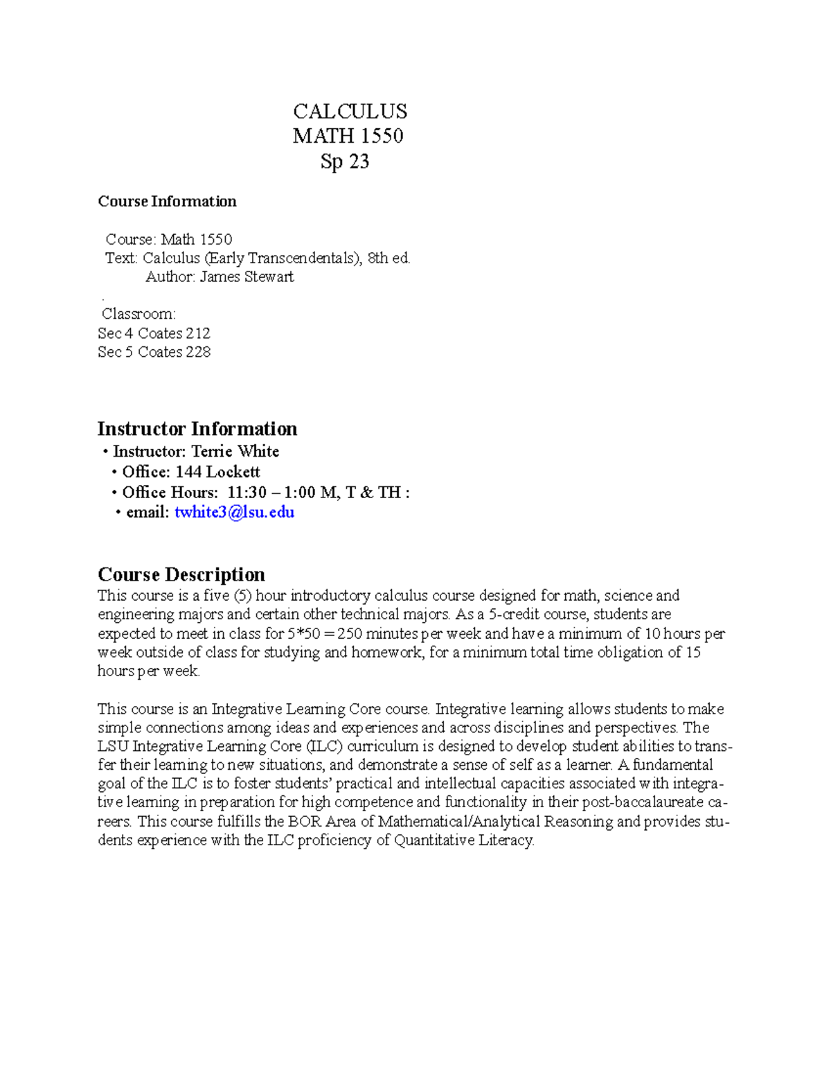 Math 1550 SP 23 syllabus - CALCULUS MATH 1550 Sp 23 Course Information ...