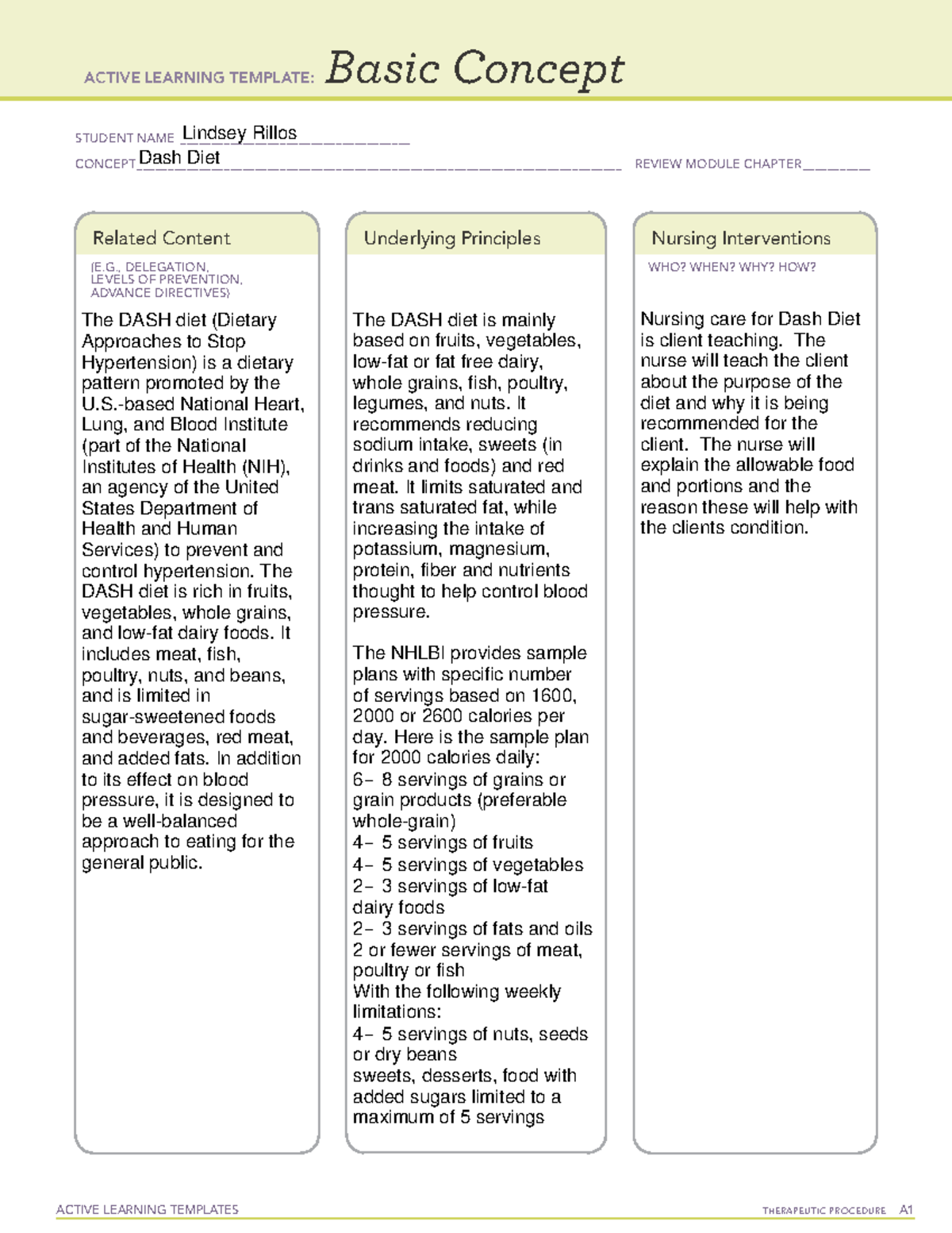 Dash diet - Dash diet - ACTIVE LEARNING TEMPLATES THERAPEUTIC PROCEDURE ...