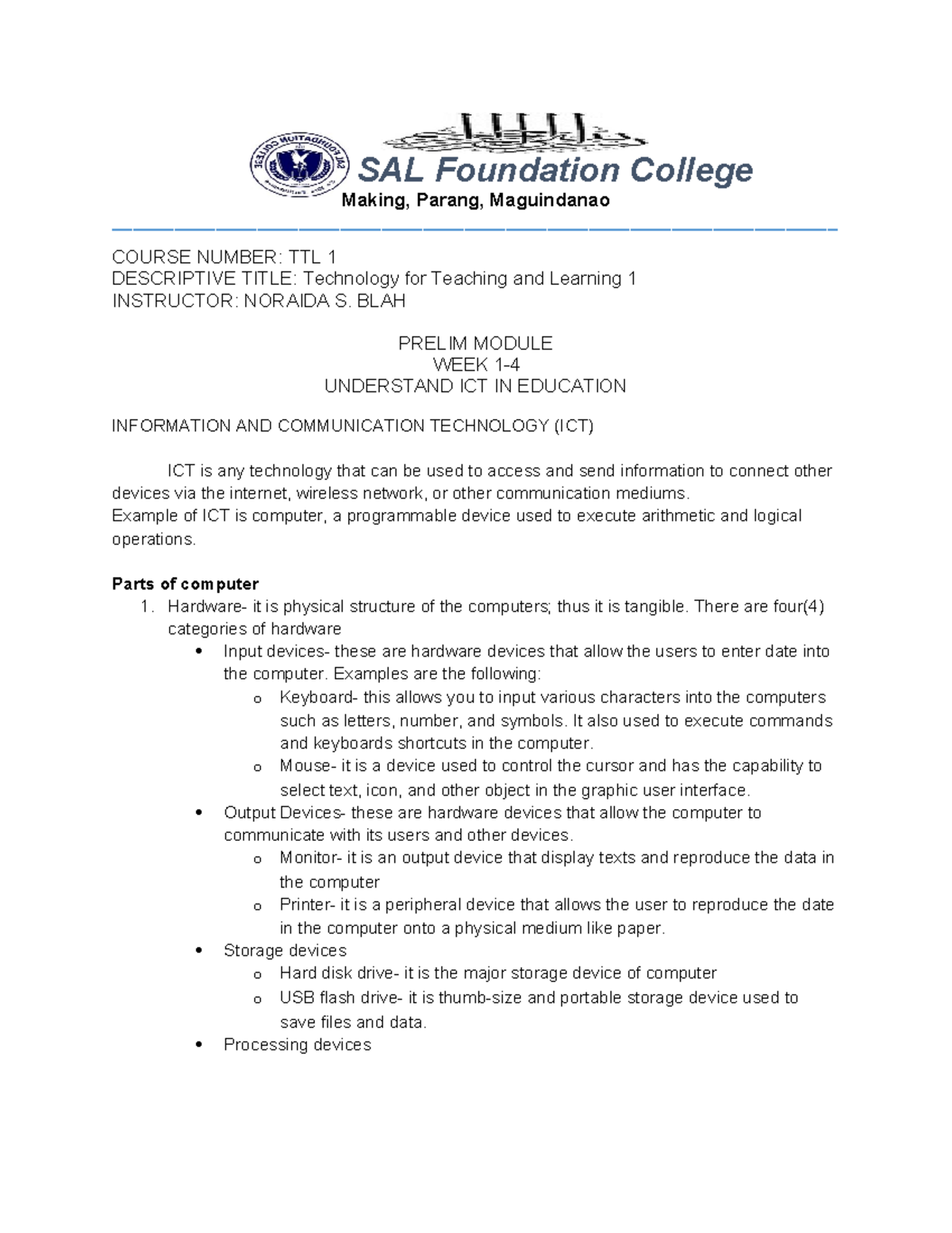 TTL1 Prelim Module - SAL Foundation College Making, Parang, Maguindanao ...