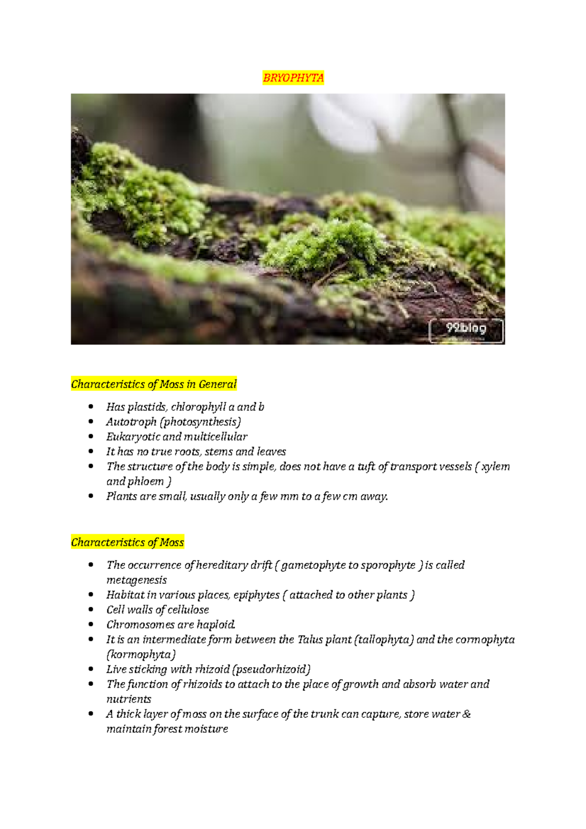 Resume Bryophyta BRYOPHYTA Characteristics of Moss in General Has