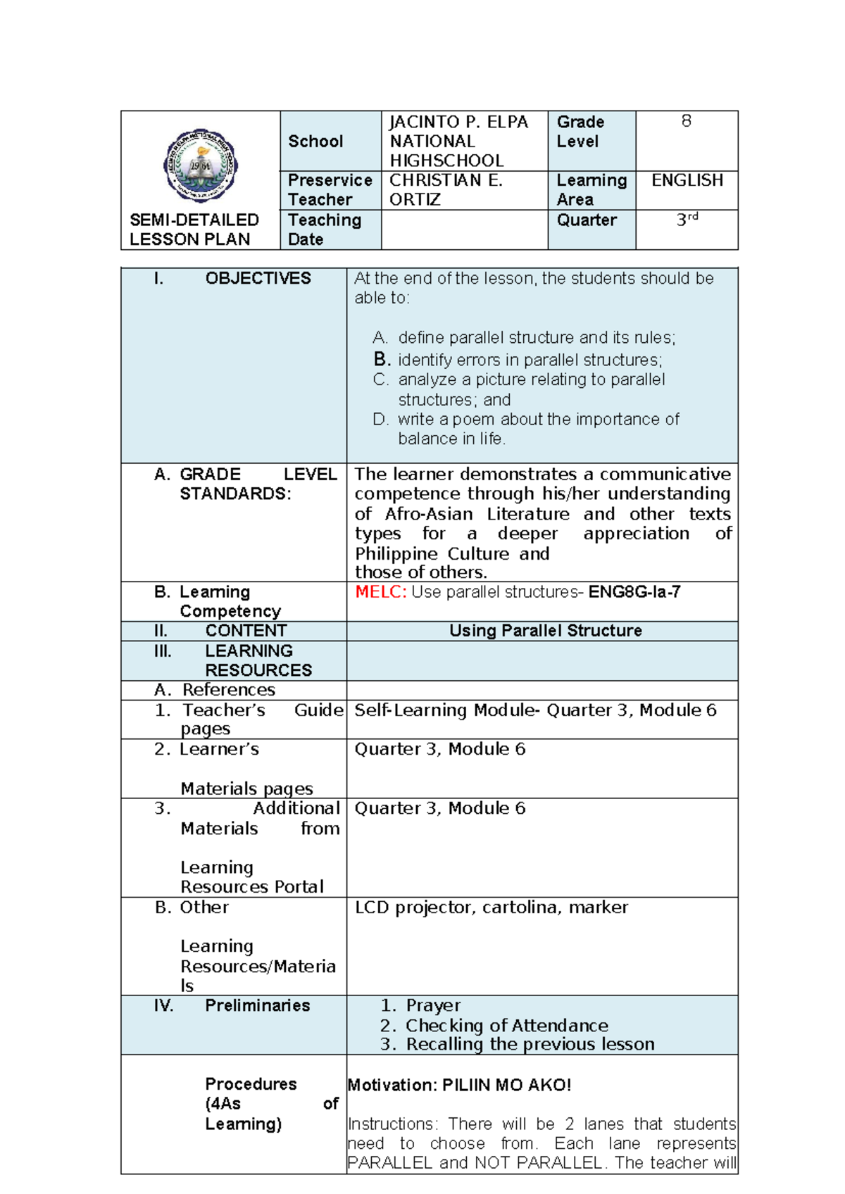 Ortiz Lp English 8q3week6 Semi Detailed Lesson Plan School Jacinto P