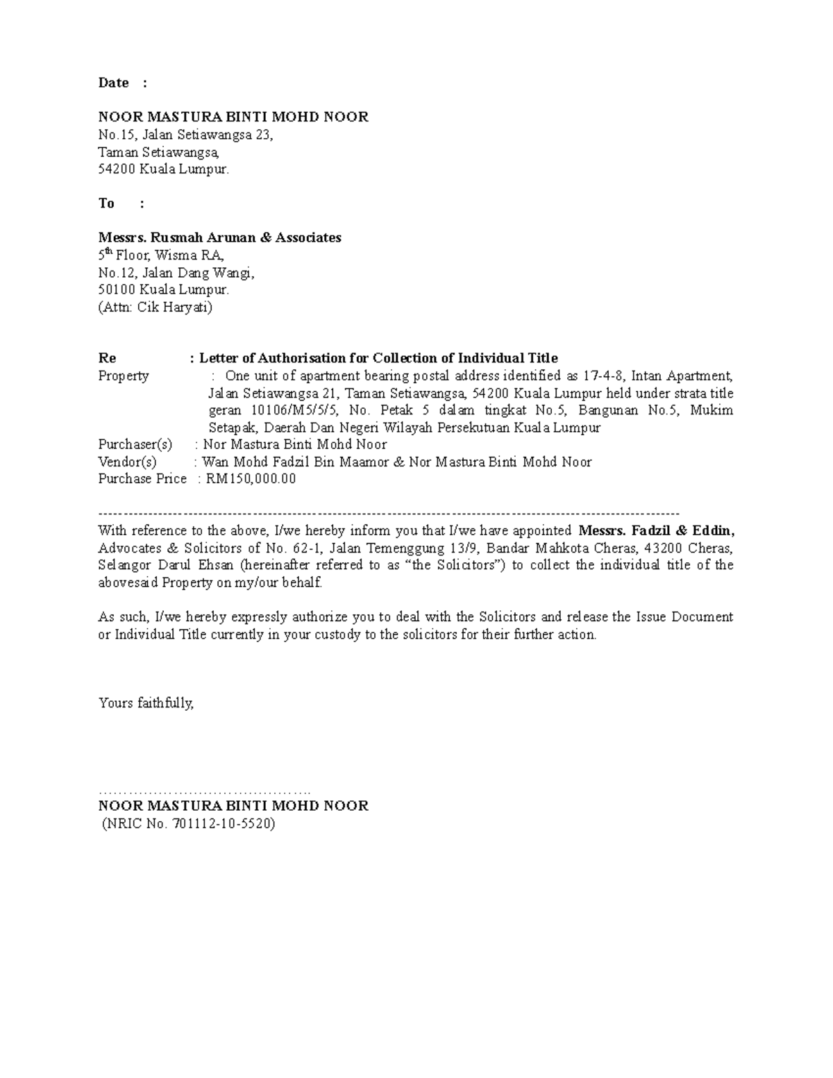 Letter authorize to colelct title - Date : NOOR MASTURA BINTI MOHD NOOR ...