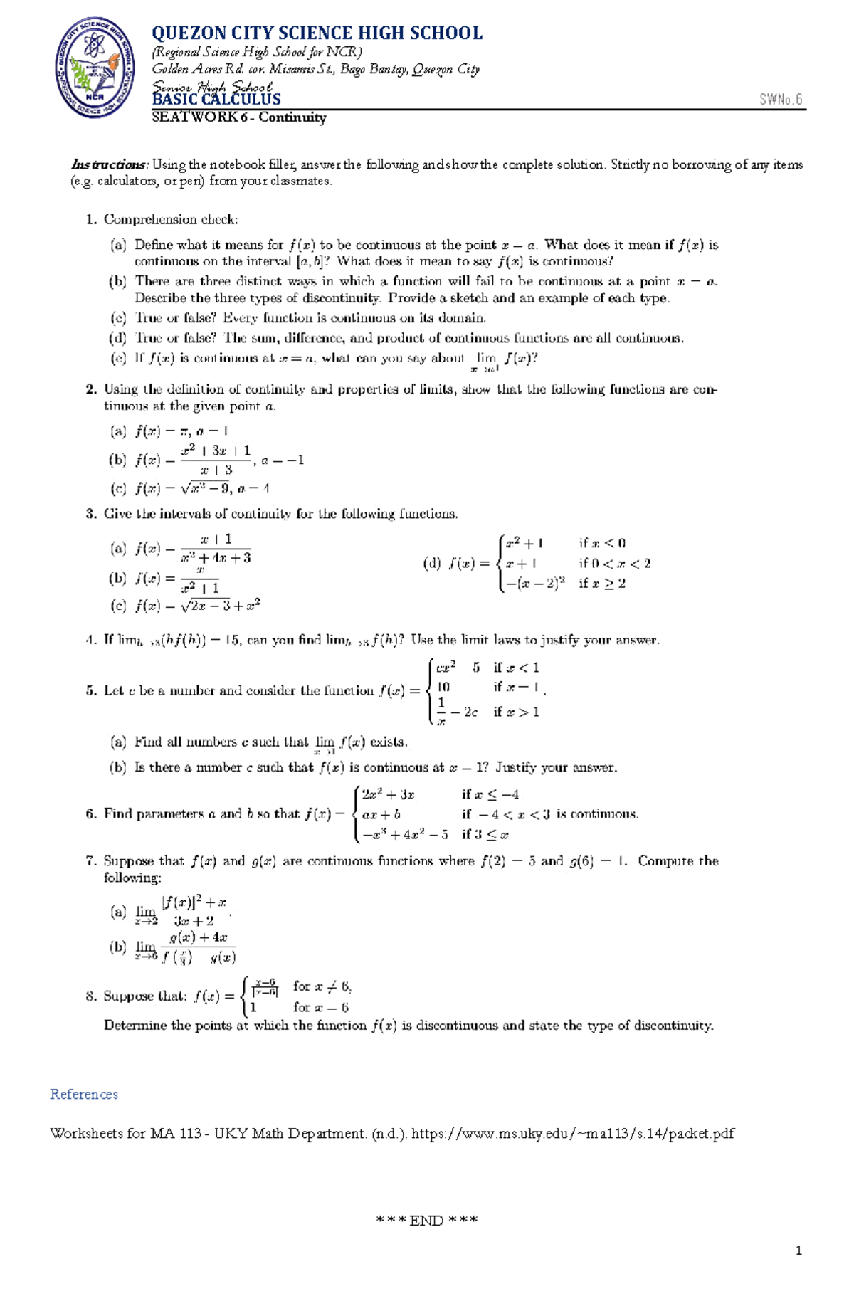 Seatwork-No - asfdhbbfghfg - QUEZON CITY SCIENCE HIGH SCHOOL (Regional ...