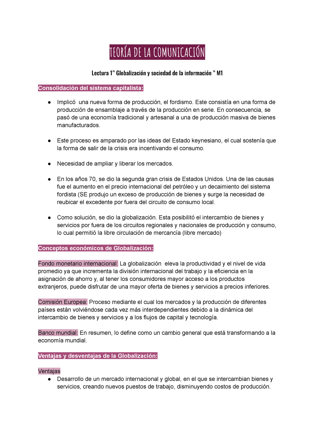 Teoría De La Comunicación TeorÍa De La ComunicaciÓn Lectura 1” Globalización Y Sociedad De La