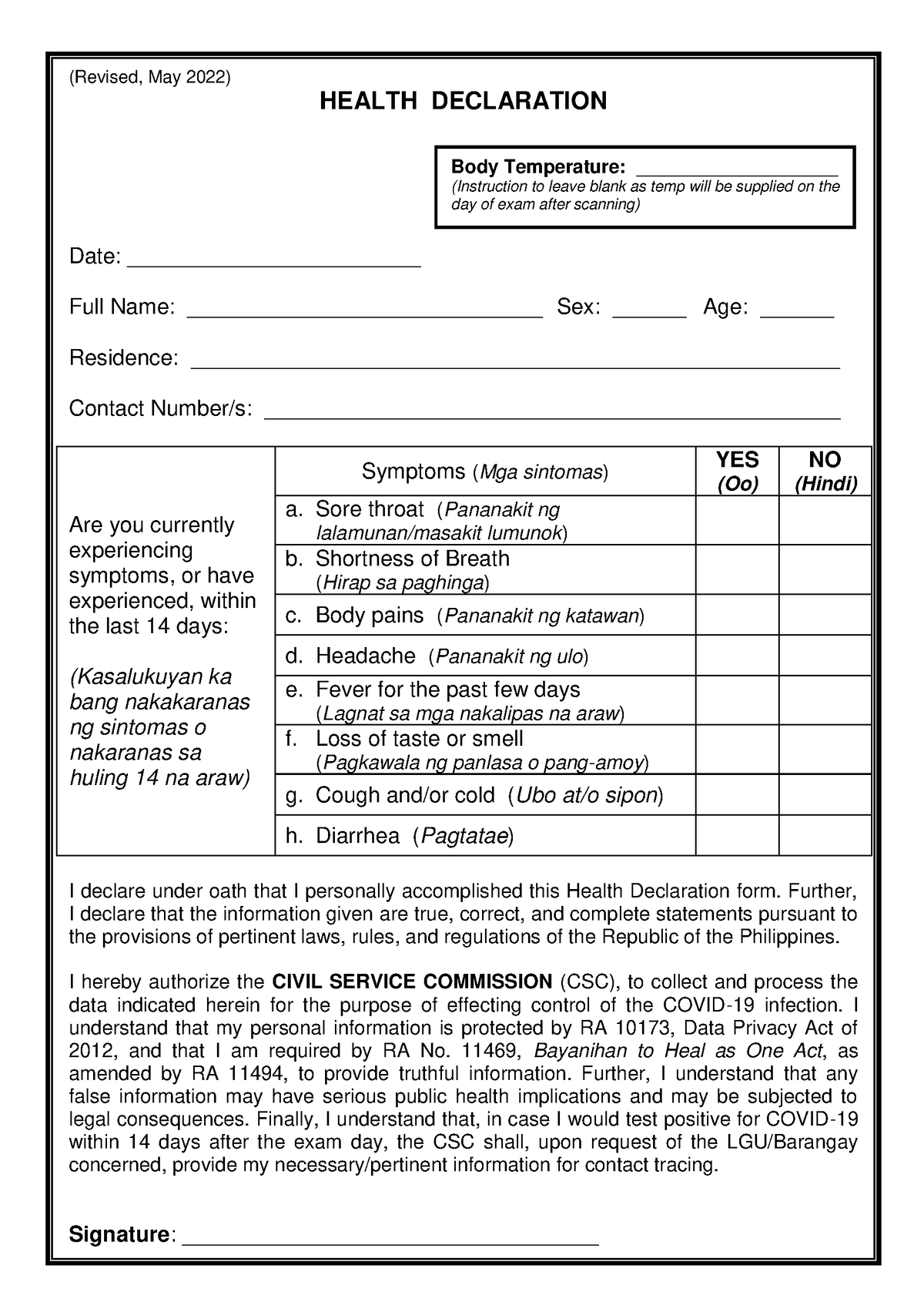 Health Declaration Form 2022 05 Revised A5 A 07 22 Revised May 2022 Health Declaration 