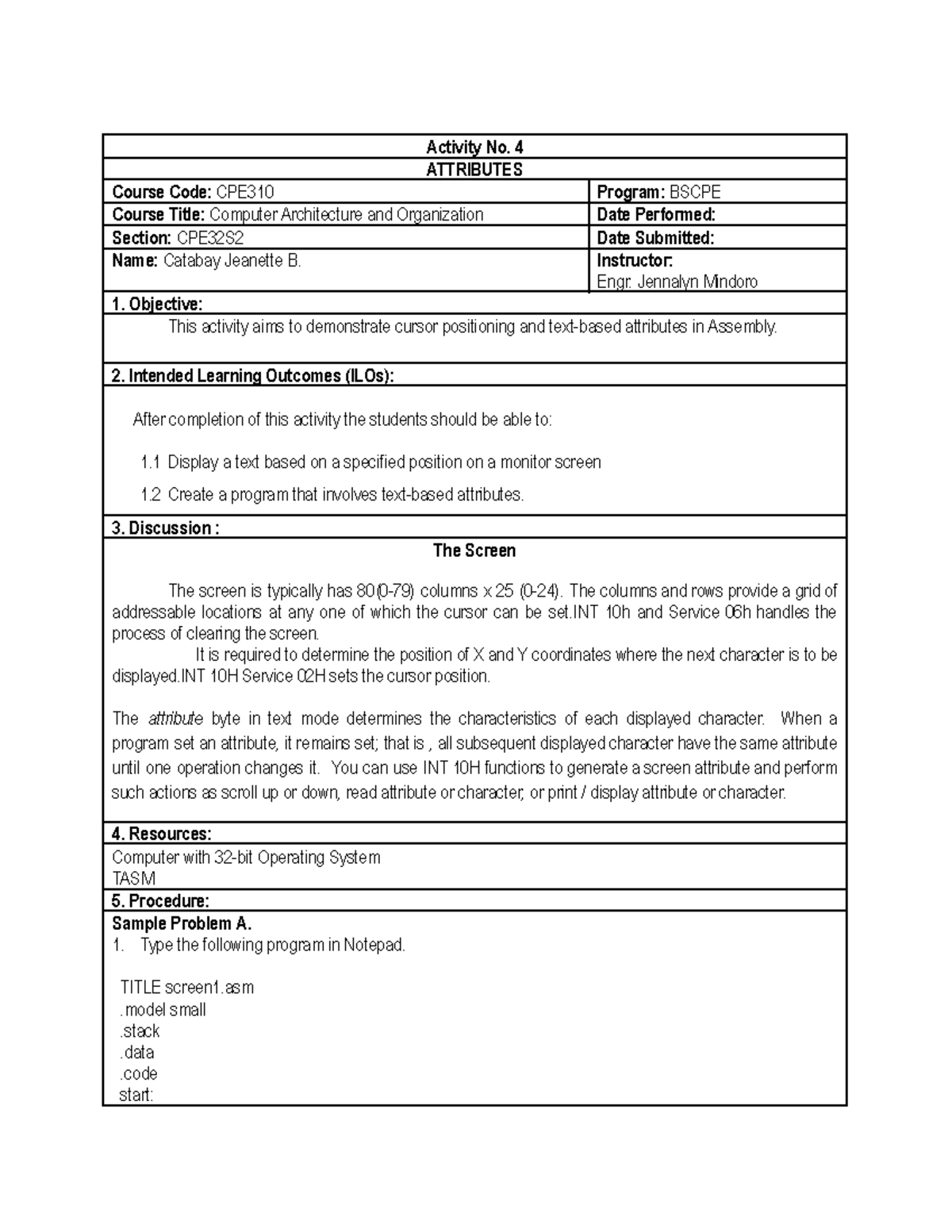 Catambay Activity No 4 Attributes - Activity No. 4 Attributes Course 