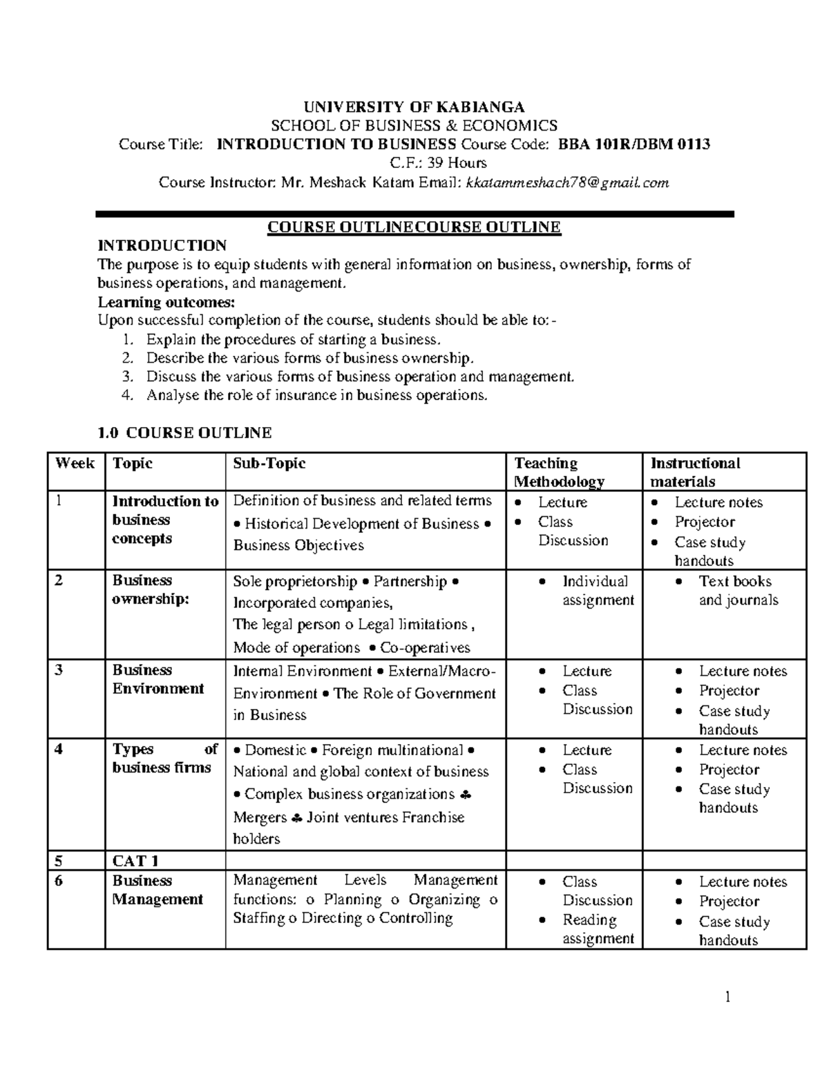 Course Outline BBA 101-DBM 0113 - 1 UNIVERSITY OF KABIANGA SCHOOL OF ...