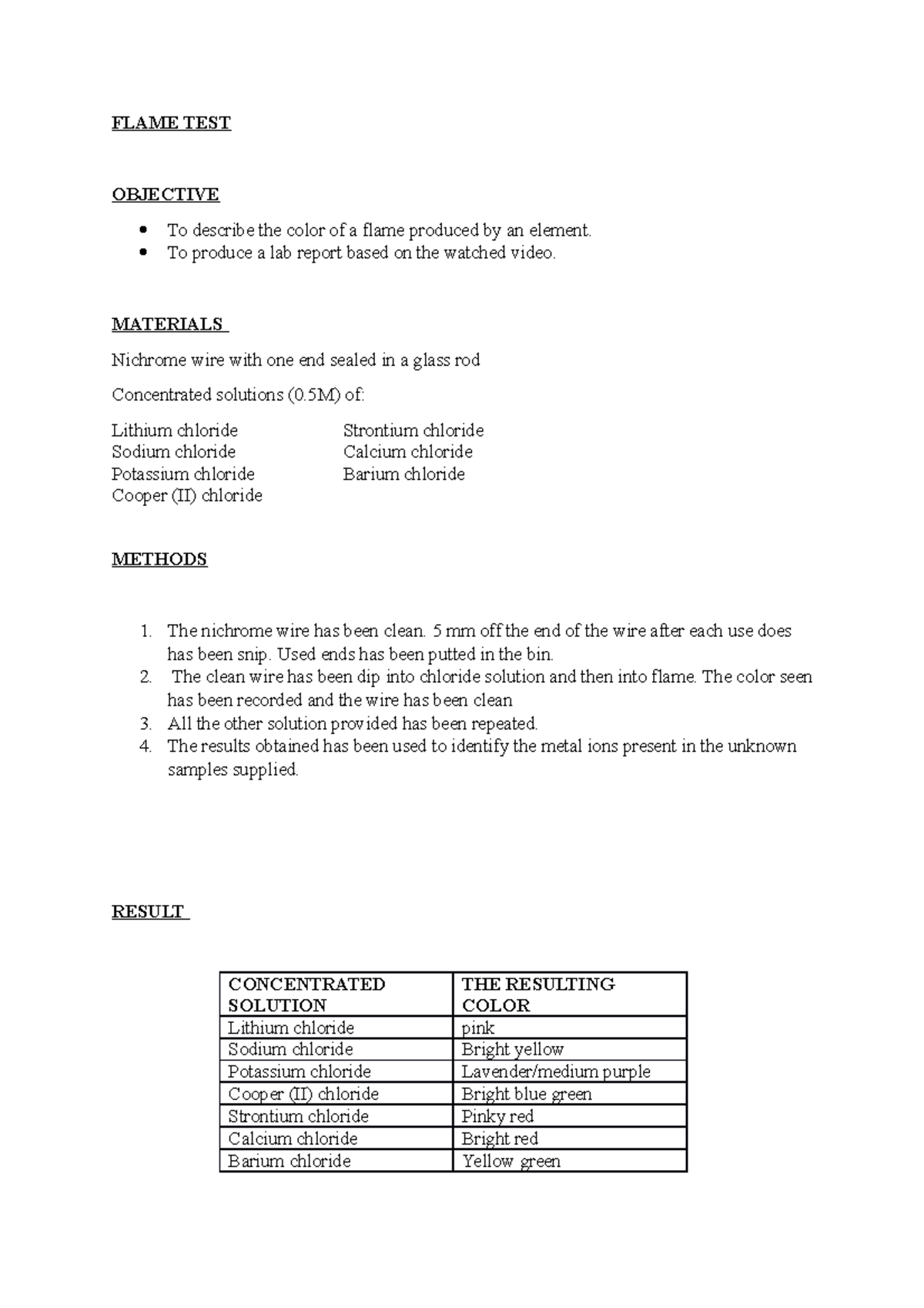 Experiment 3 Flame Test - FLAME TEST OBJECTIVE To describe the color of ...