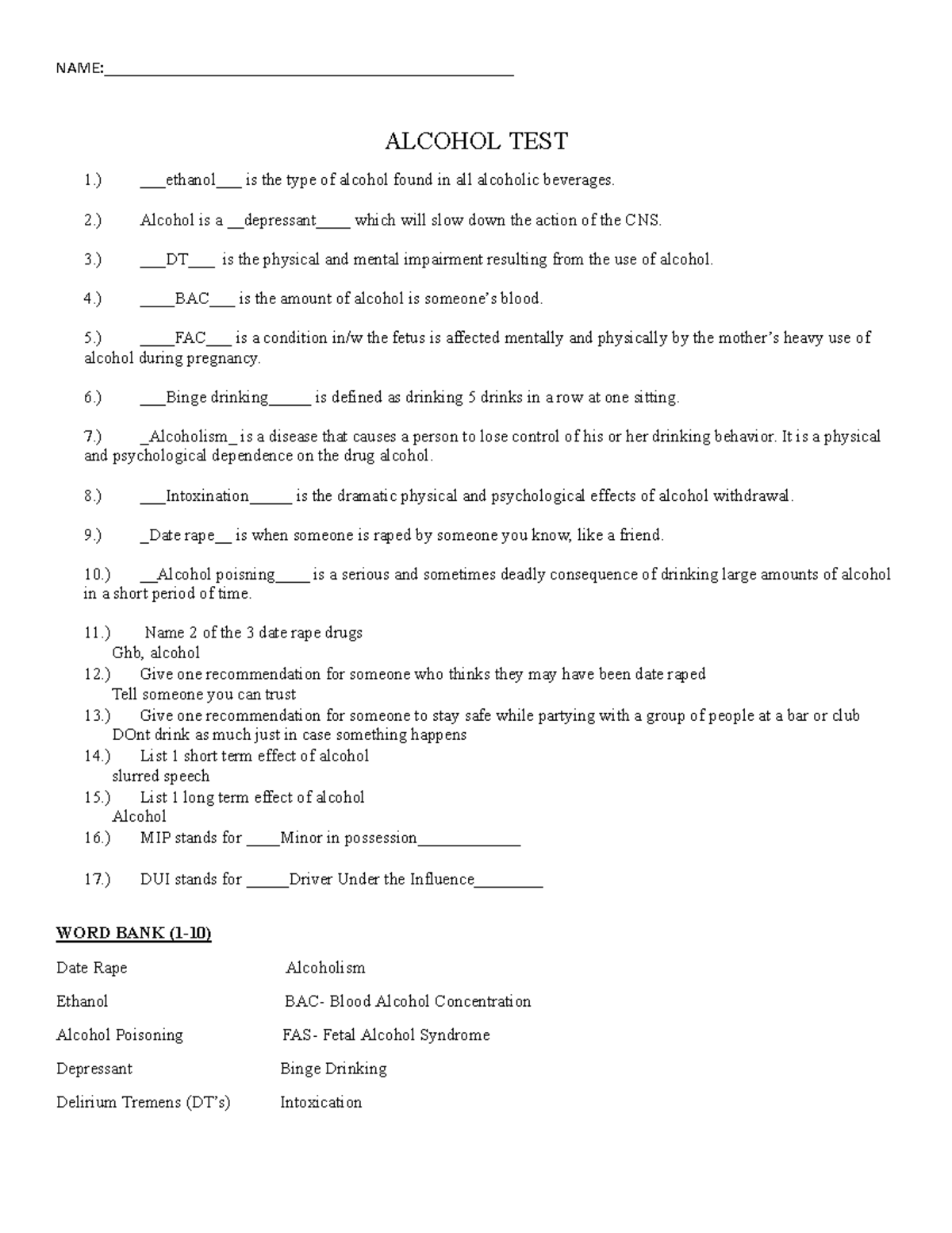 Old Alcohol Test NAME