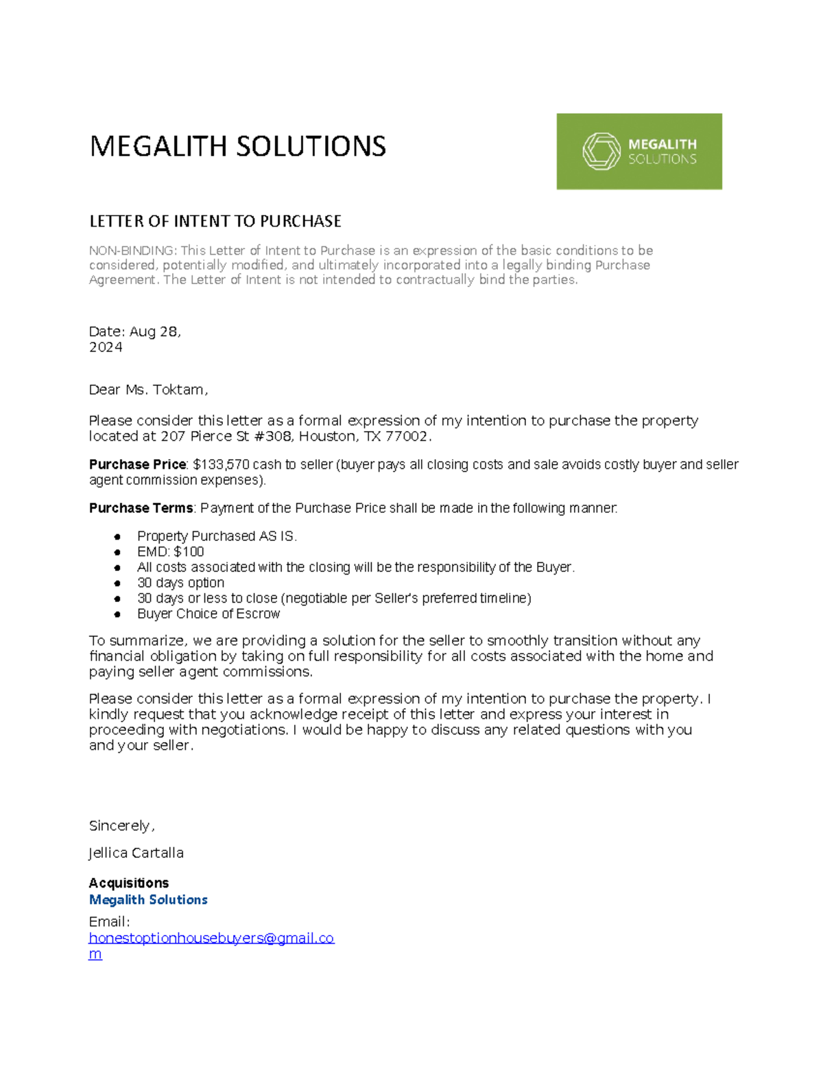 LOI 207 Pierce St #308, Houston, TX 77002 - MEGALITH SOLUTIONS LETTER ...