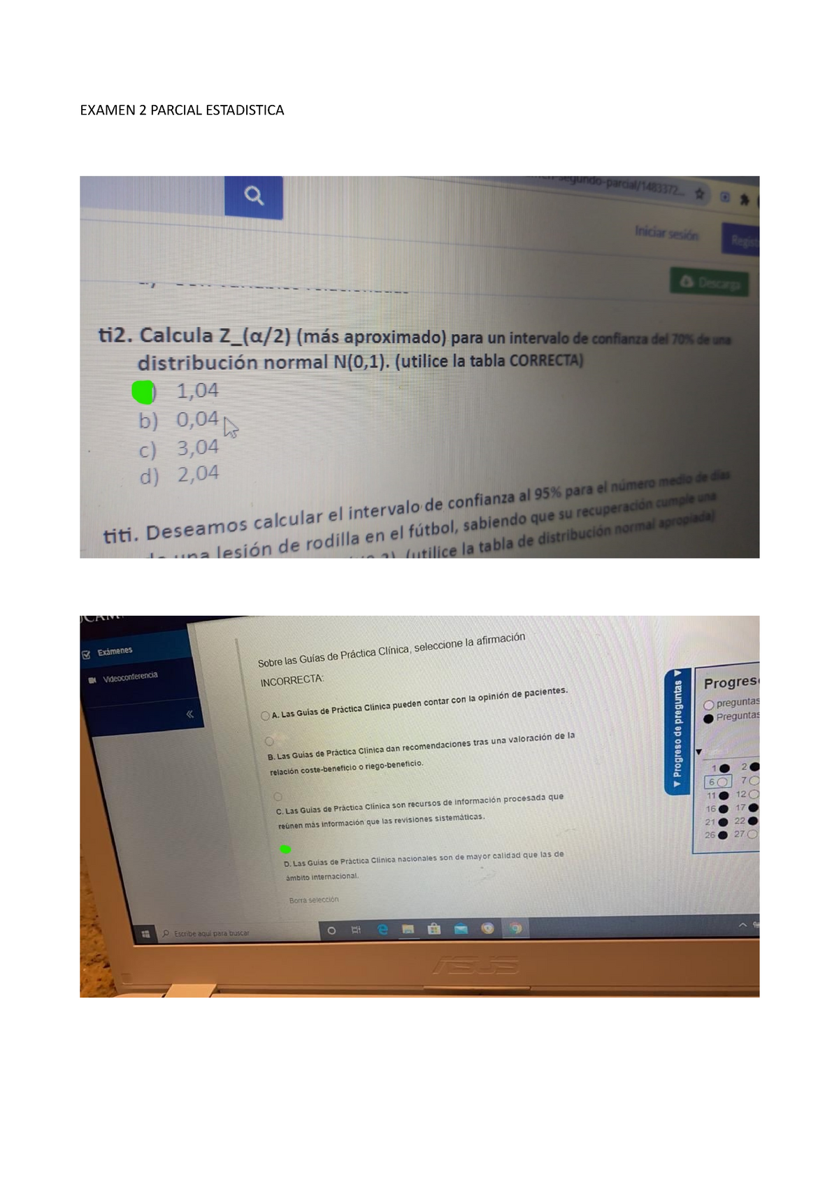 Examen 2 Parcial Estadistica - Estadística - EXAMEN 2 PARCIAL ...