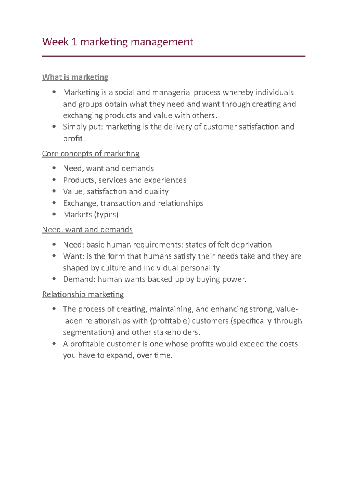 Week 1 marketing management - Week 1 marketing management What is ...