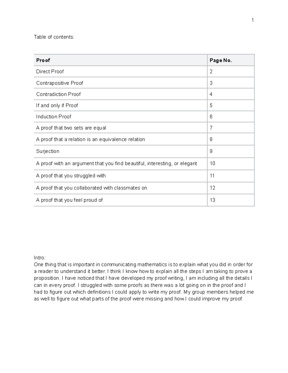 Final Portfolio - All kinds of proofs - Table of contents: Proof Page ...
