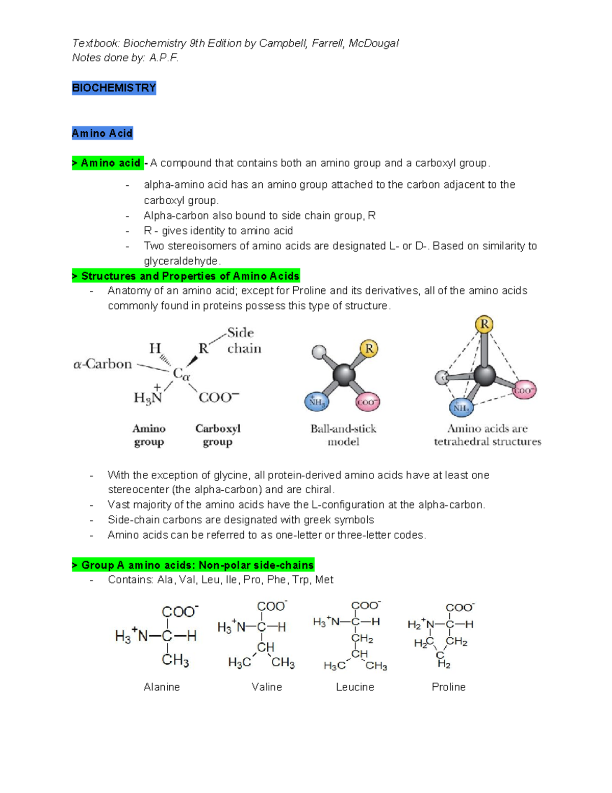 Biochemistry Amino Acids Notes done by A.P. BIOCHEMISTRY Amino Acid > Amino acid A Studocu