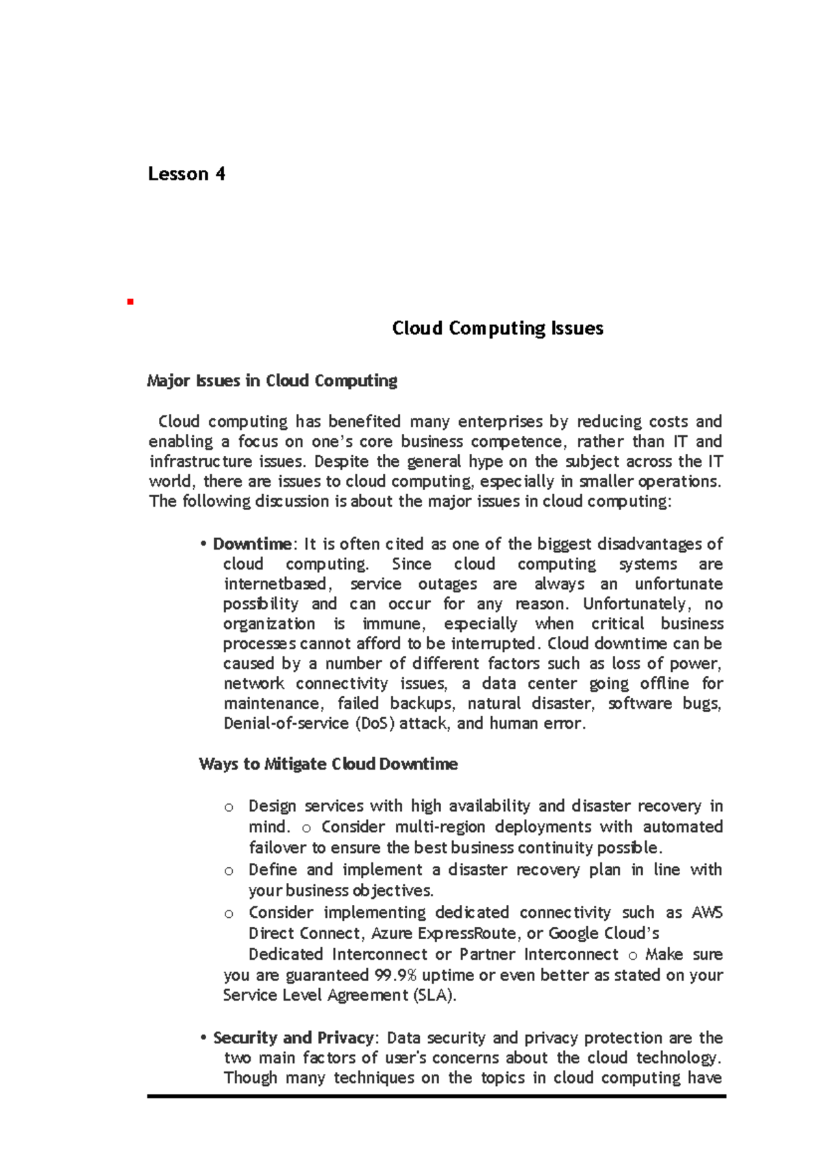 Cloud Computing Issues Lesson 4 Cloud Computing Issues Major Issues
