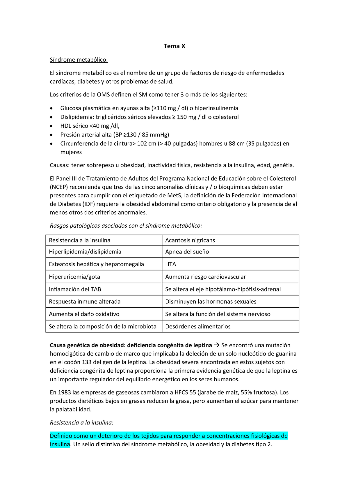 Fisiopatología remesar mora resúmen Tema X Síndrome metabólico El síndrome metabólico es el