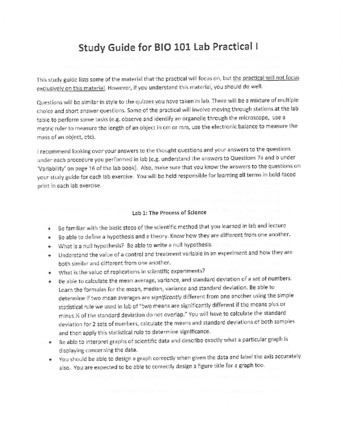 Study guide for lab practical 1 - Study Guide for BIO 101 Lab Practical ...
