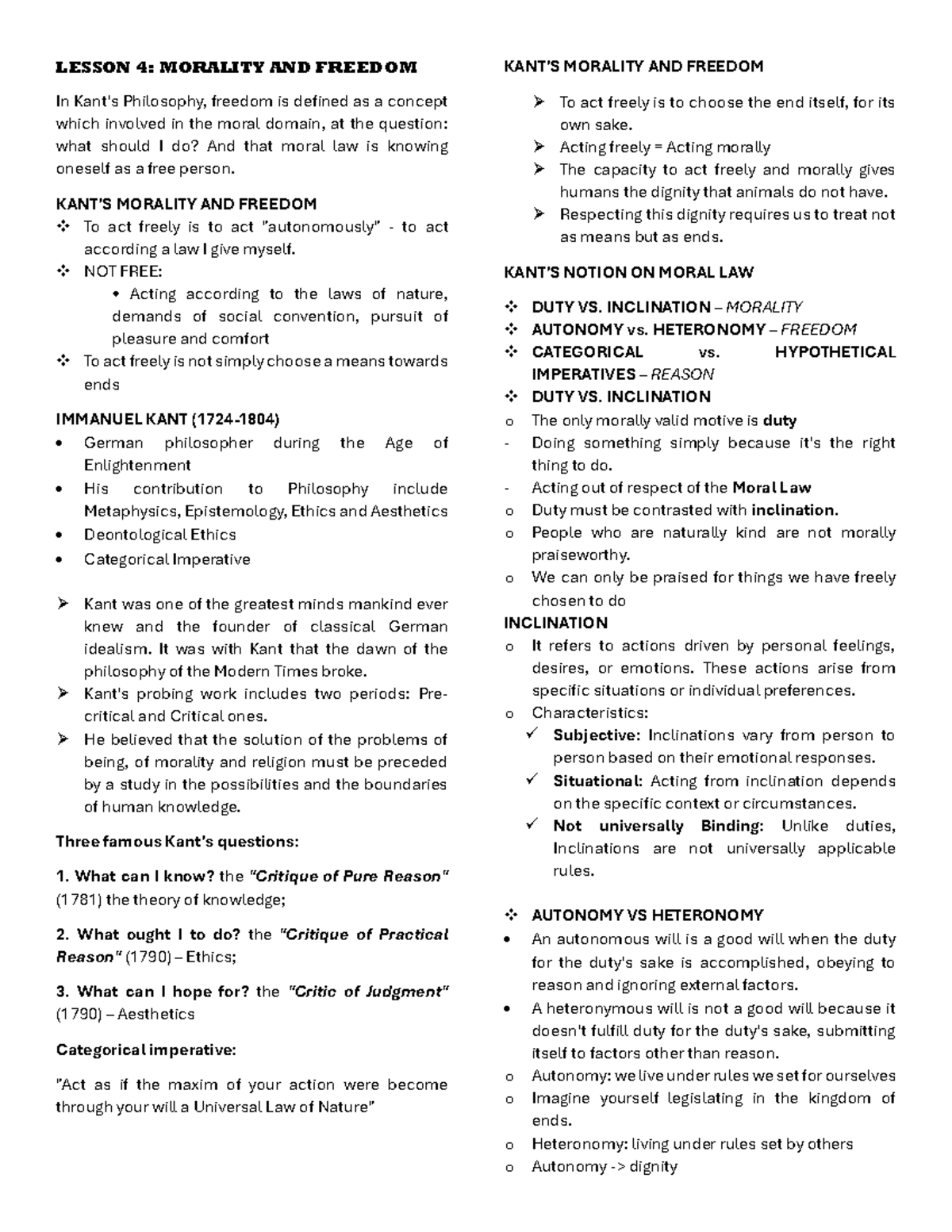 Midterm Ethics - SUMMARY NOTES TO REVIEW - LESSON 4 : MORALITY AND ...