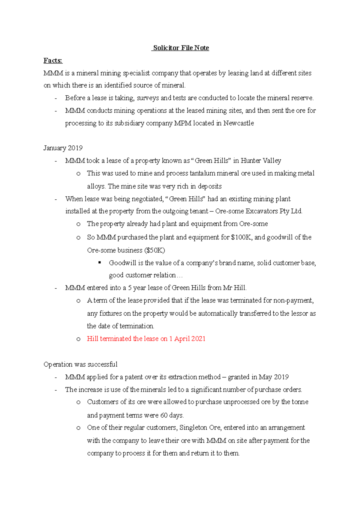 IPCL case notes summaries - Solicitor File Note Facts: MMM is a mineral ...