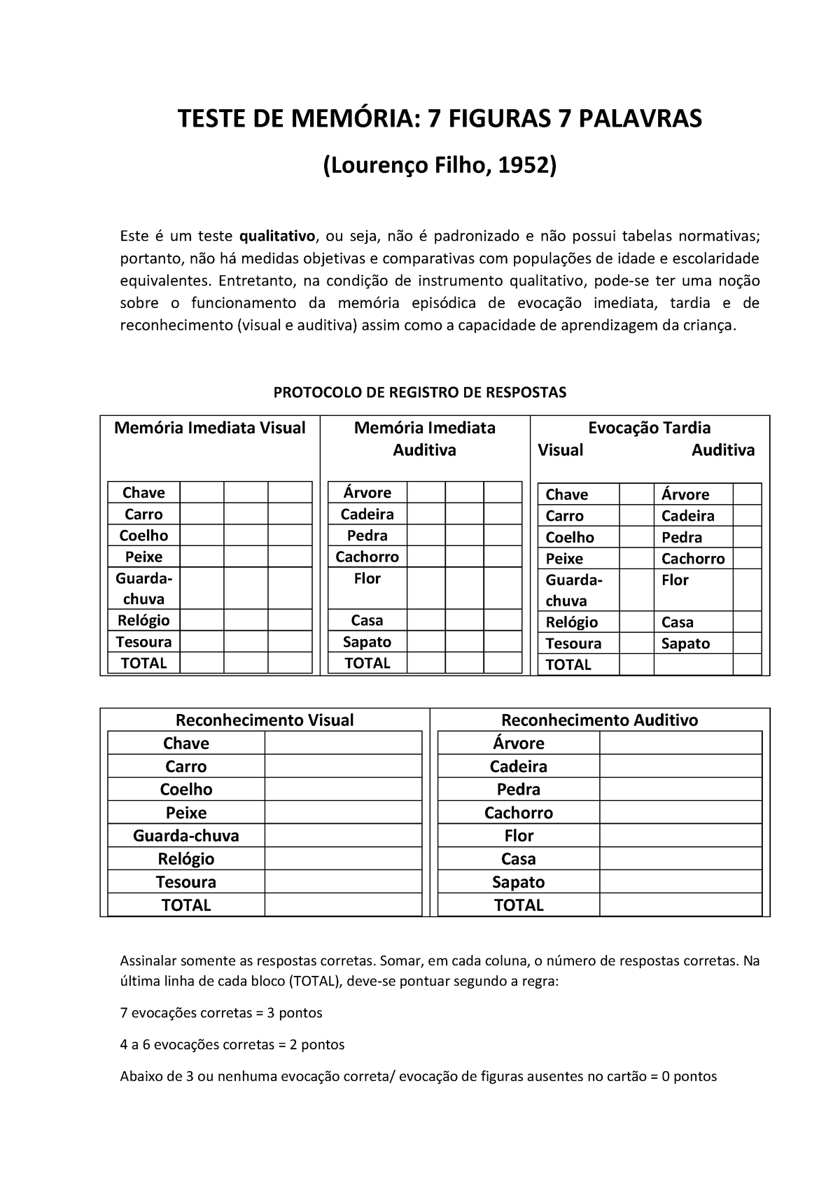 Teste DE MEM RIA 7 Figuras 7 Palavras - TESTE DE MEM”RIA: 7 FIGURAS 7 ...