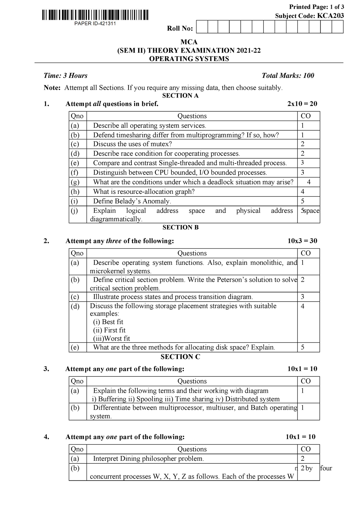 Mca 2 sem operating systems kca203 2022 - Printed Page: 1 of 3 Subject ...