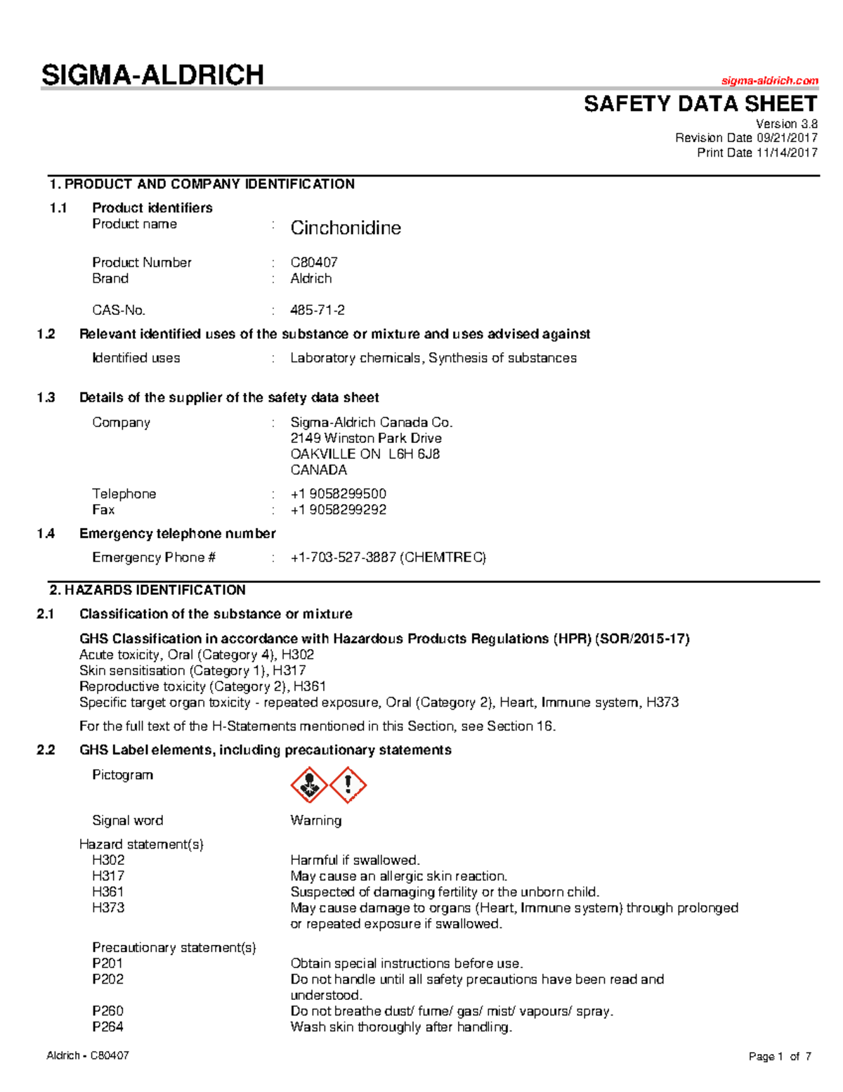 SDS cinchconidine (Aldrich) 2017 SIGMAALDRICH sigmaaldrich SAFETY