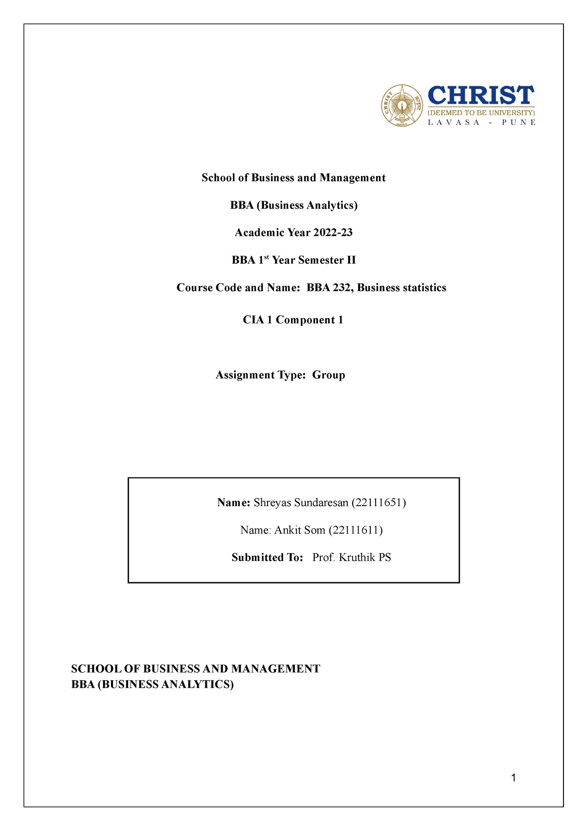 Statistics CIA 1(B) - School Of Business And Management BBA (Business ...