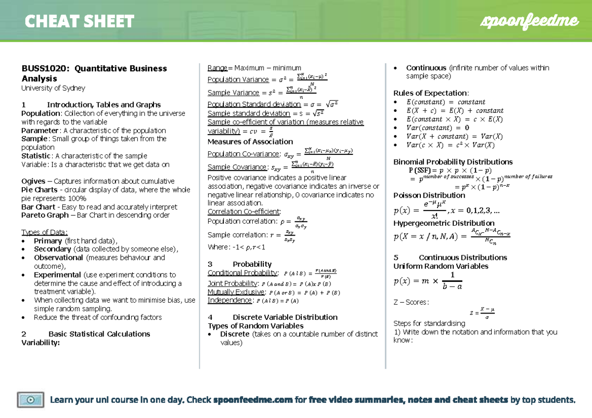 BUSS1020 Quantitative Business Analysis Cheatsheet - BUSS1020 ...